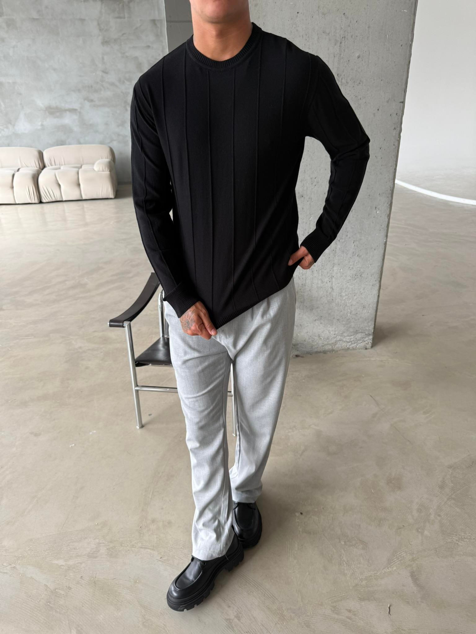 Old Money Basic Cizgili Bisiklet Yaka - Siyah