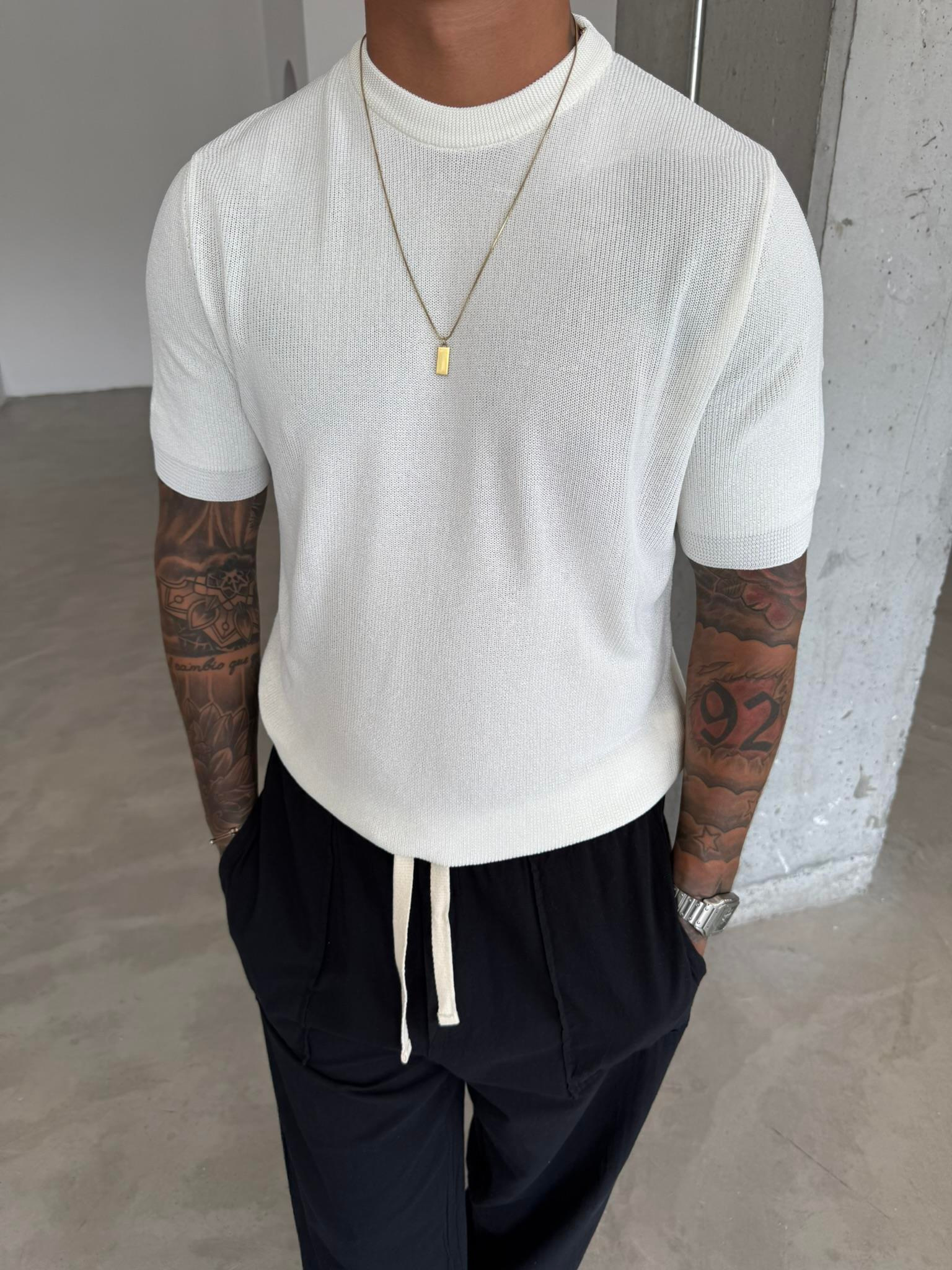 Old Money Esnek Fit Basic T-Shirt - Beyaz