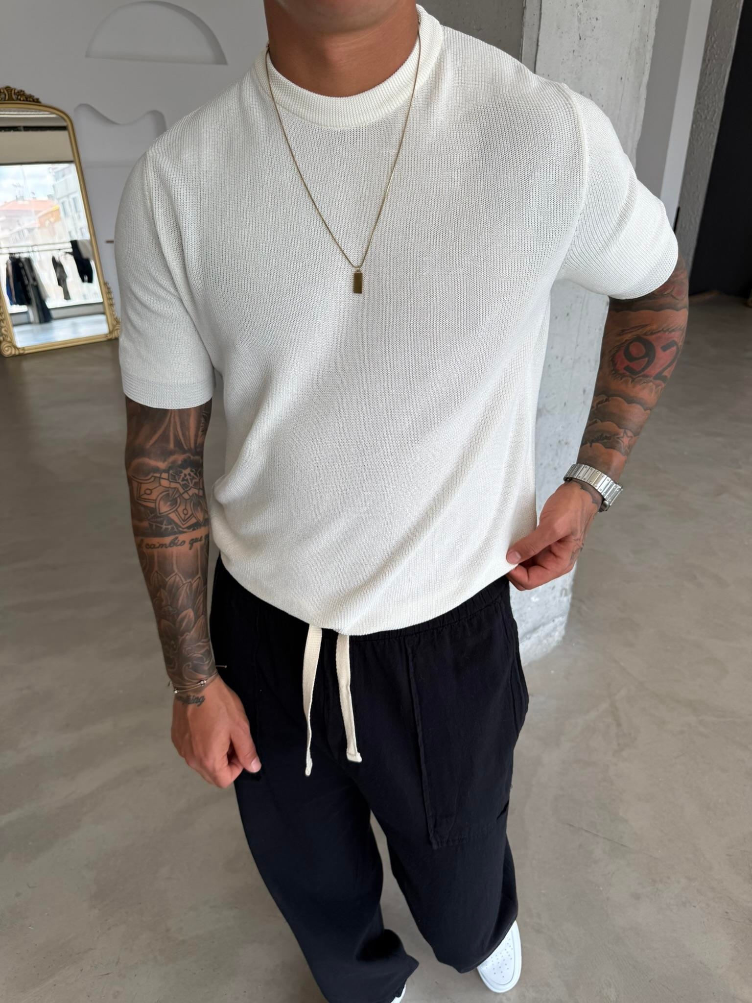 Old Money Esnek Fit Basic T-Shirt - Beyaz