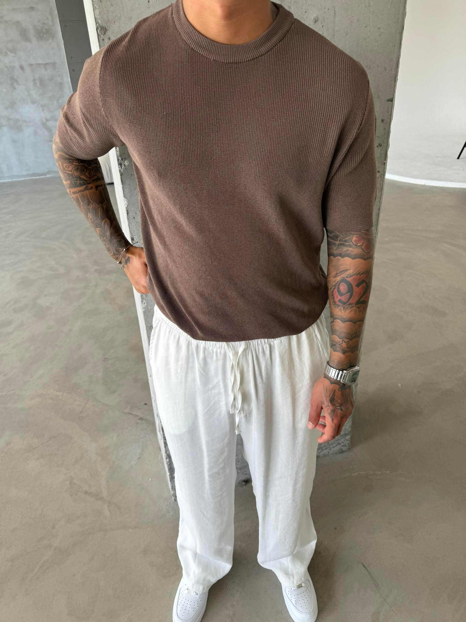 Old Money Esnek Fit Basic T-Shirt - Kahve