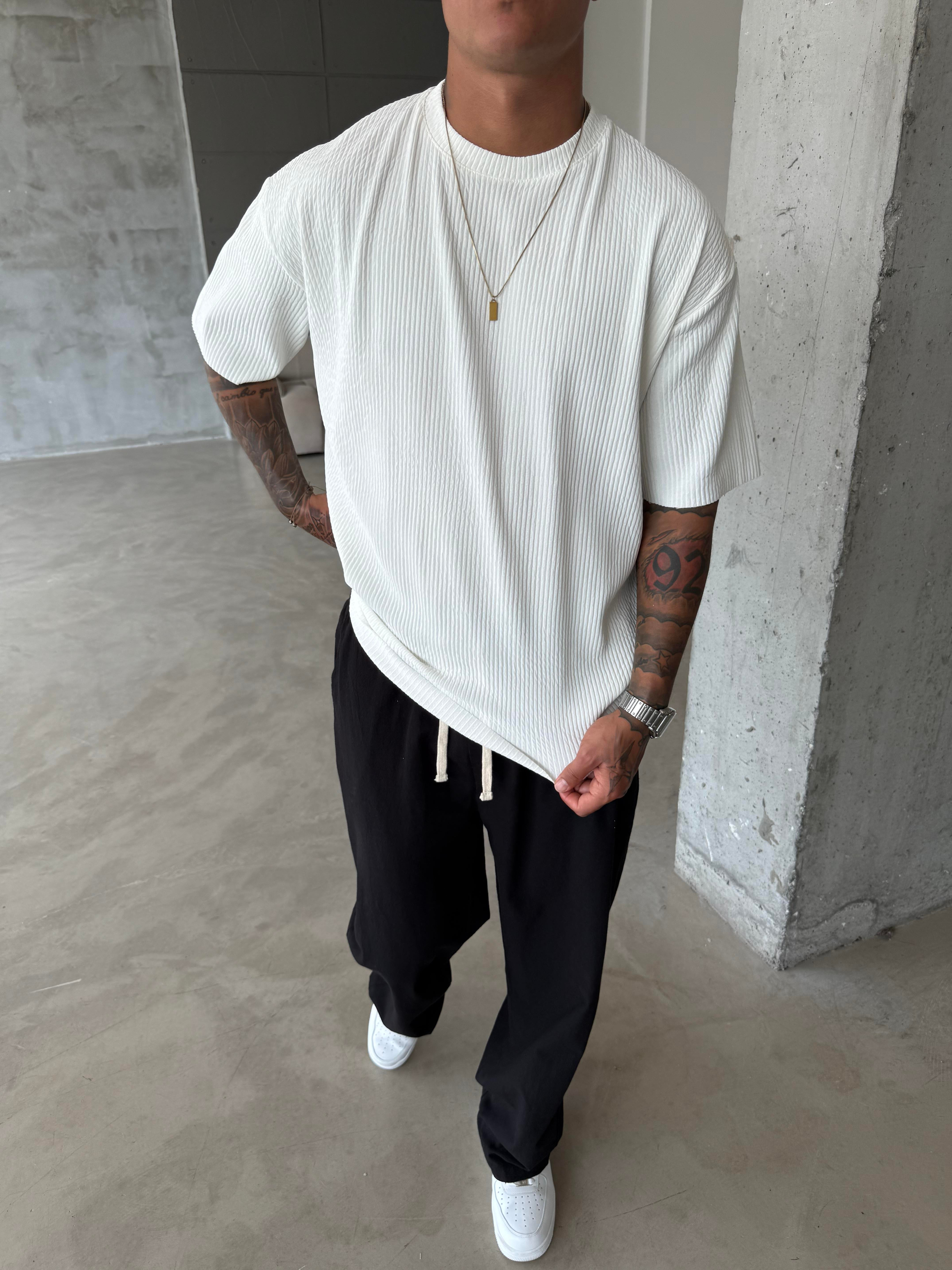 Old Money Fitilli Basic T-Shirt - Beyaz