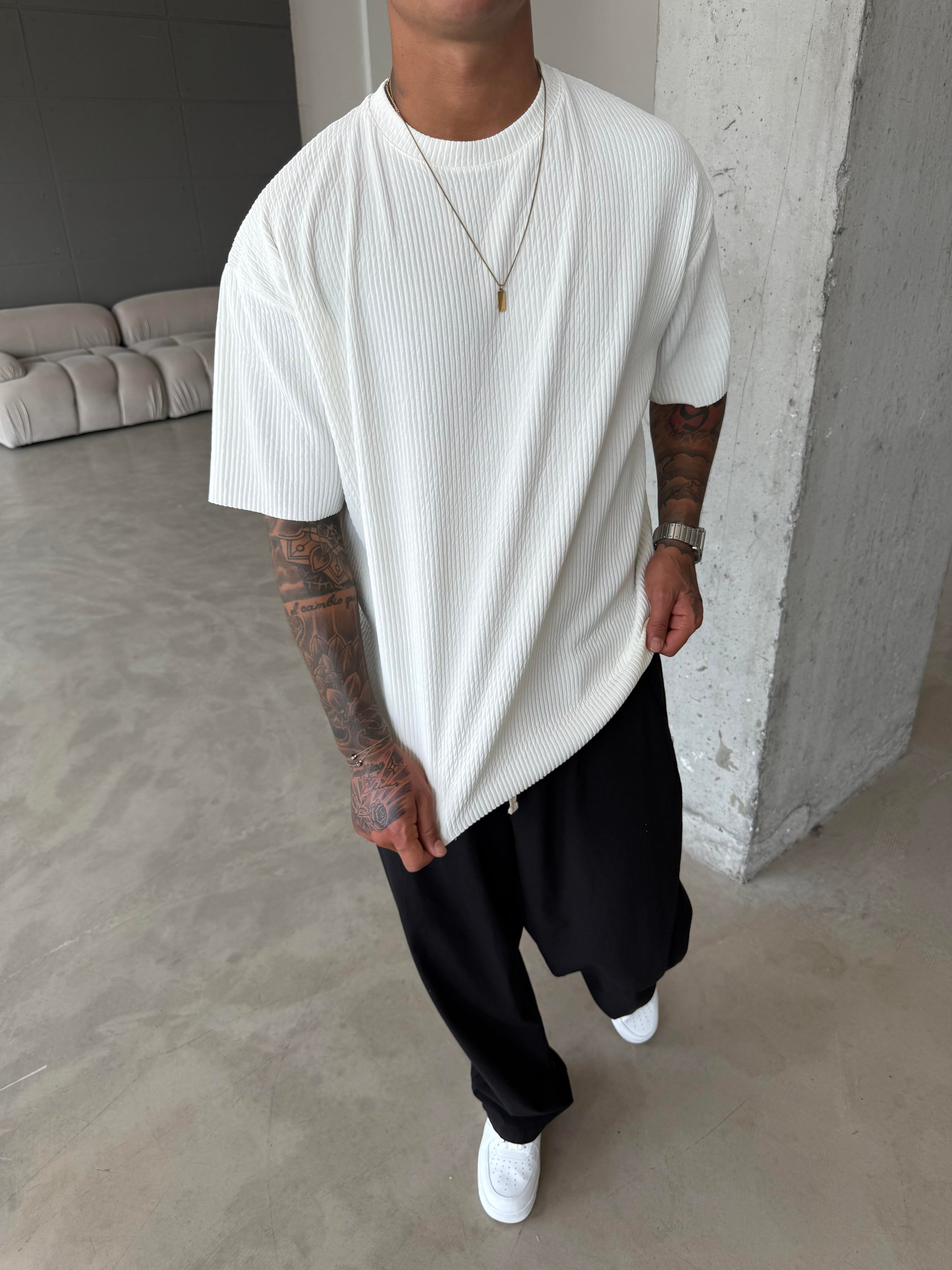 Old Money Fitilli Basic T-Shirt - Beyaz