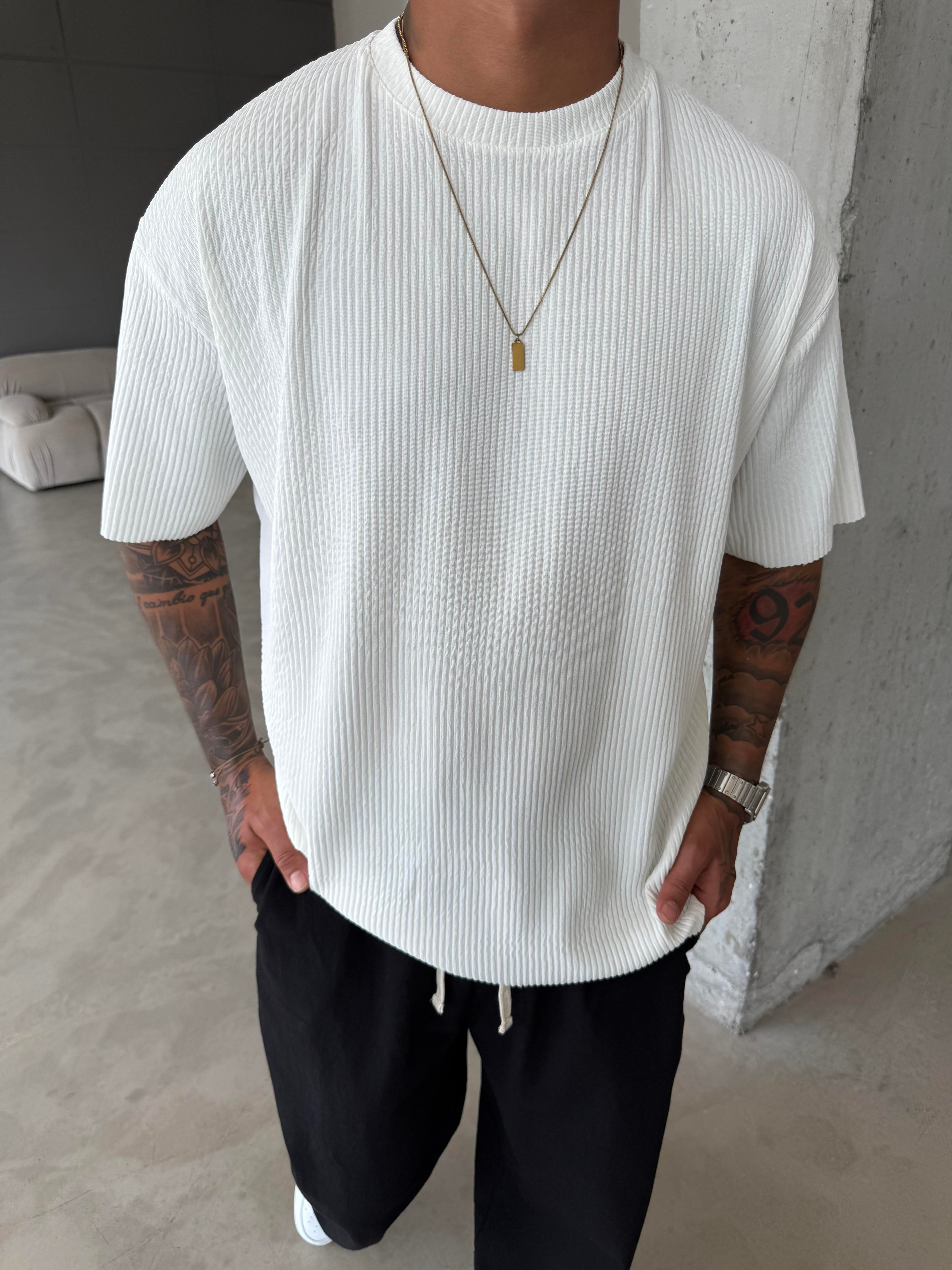 Old Money Fitilli Basic T-Shirt - Beyaz