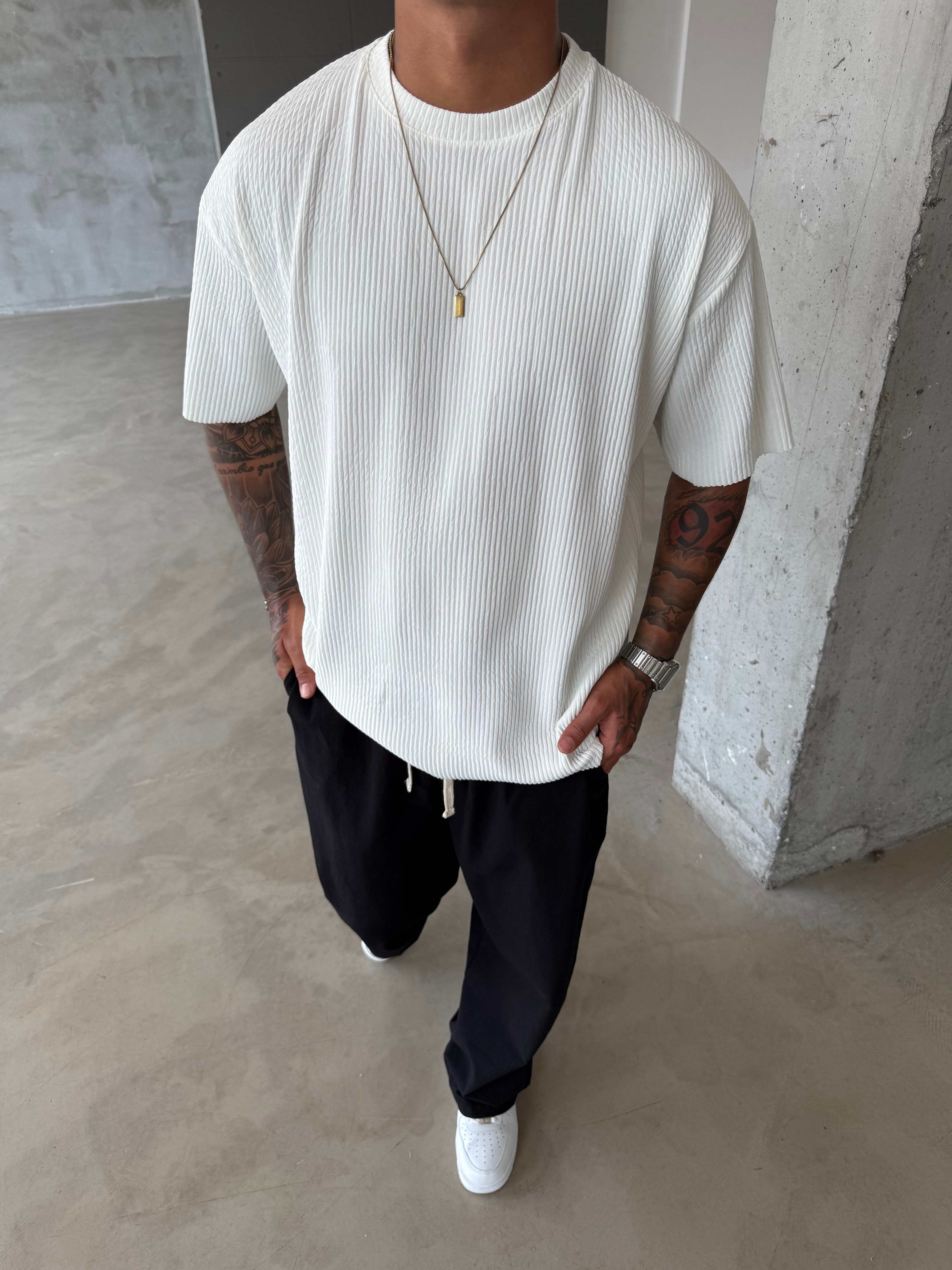 Old Money Fitilli Basic T-Shirt - Beyaz