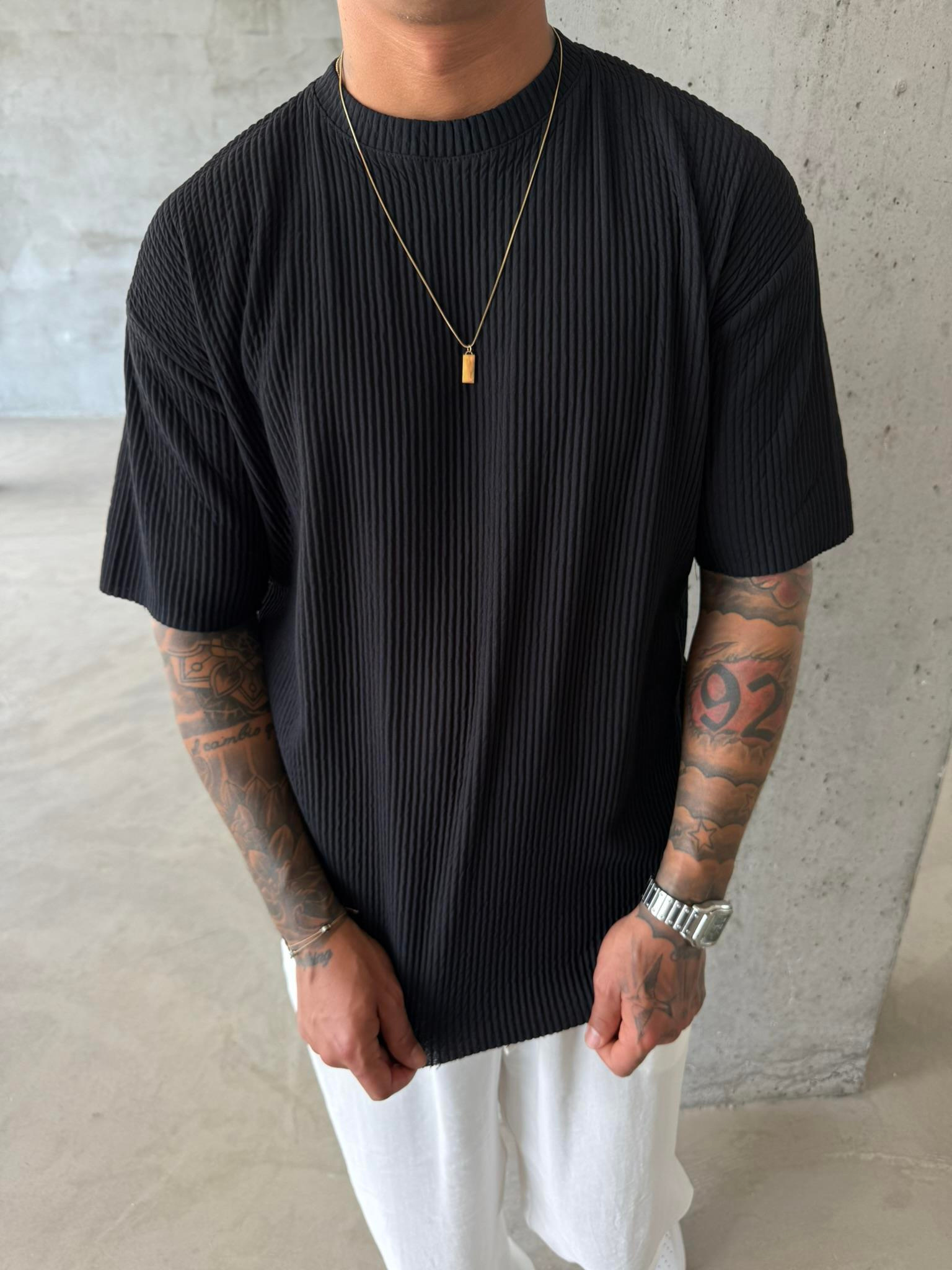 Old Money Fitilli Basic T-Shirt - Siyah