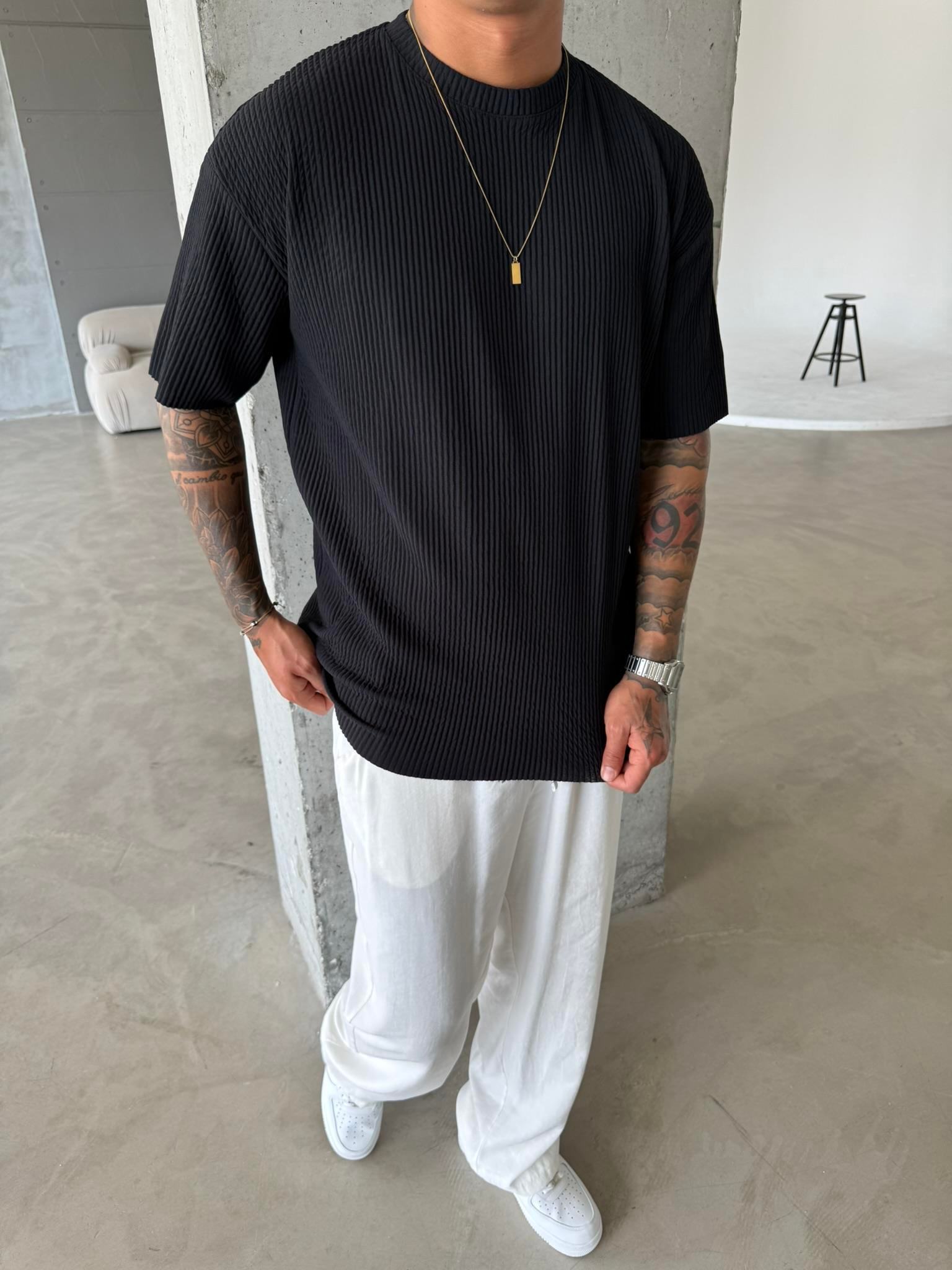 Old Money Fitilli Basic T-Shirt - Siyah