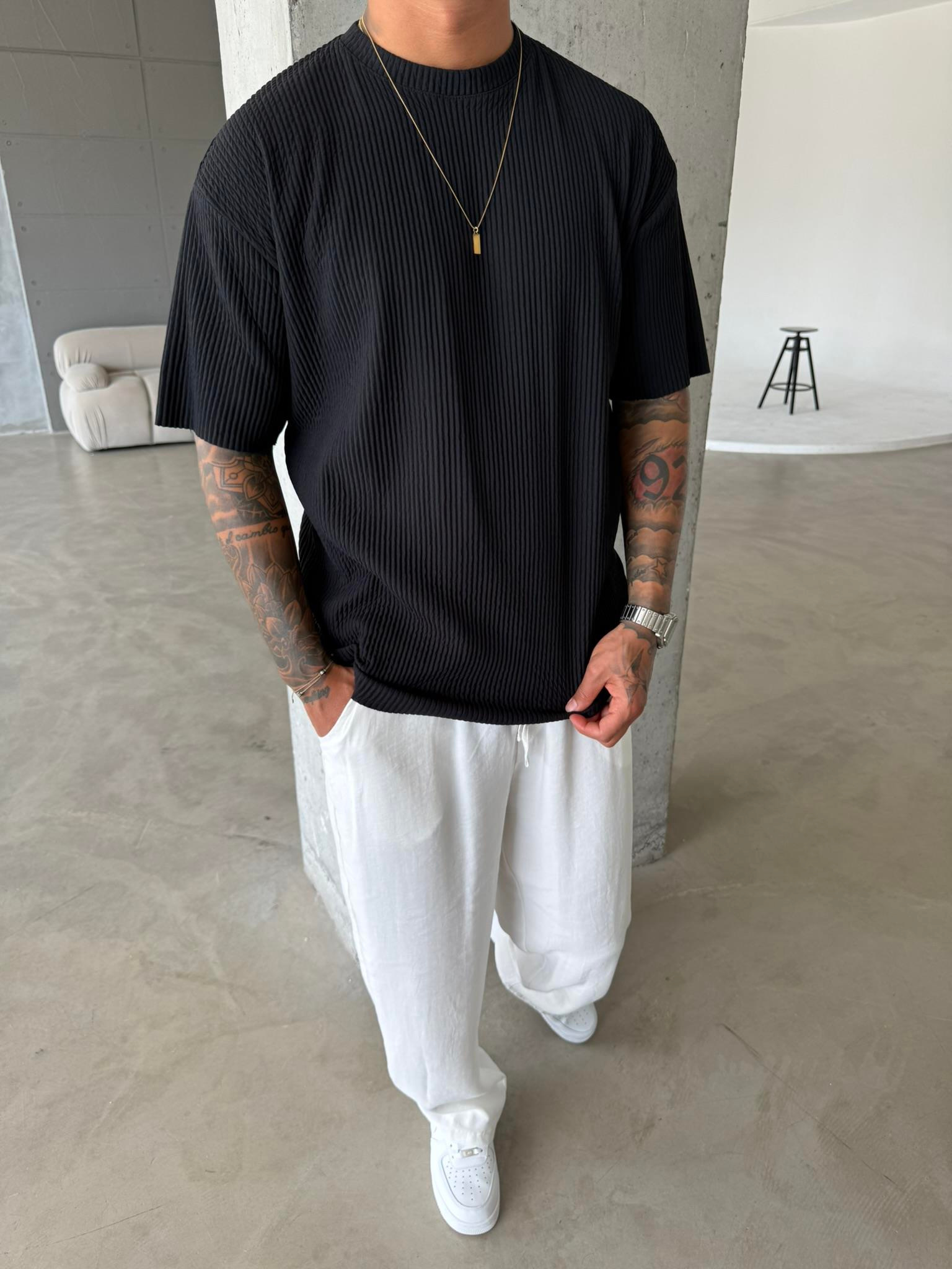 Old Money Fitilli Basic T-Shirt - Siyah