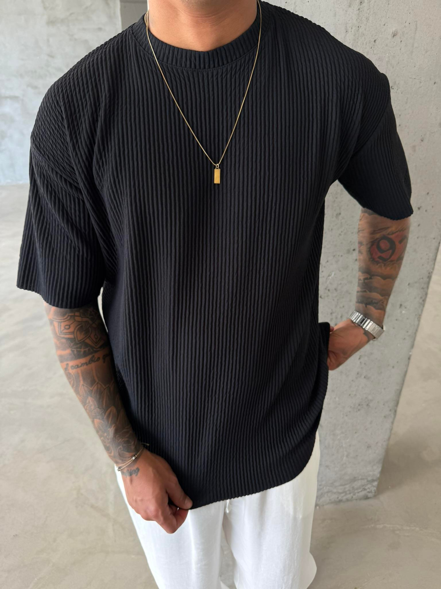 Old Money Fitilli Basic T-Shirt - Siyah