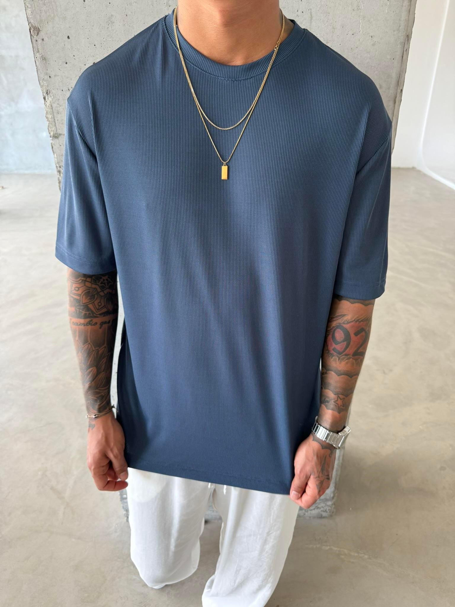 Old Money Ottoman Kumaş Basic T-Shirt - Mavi