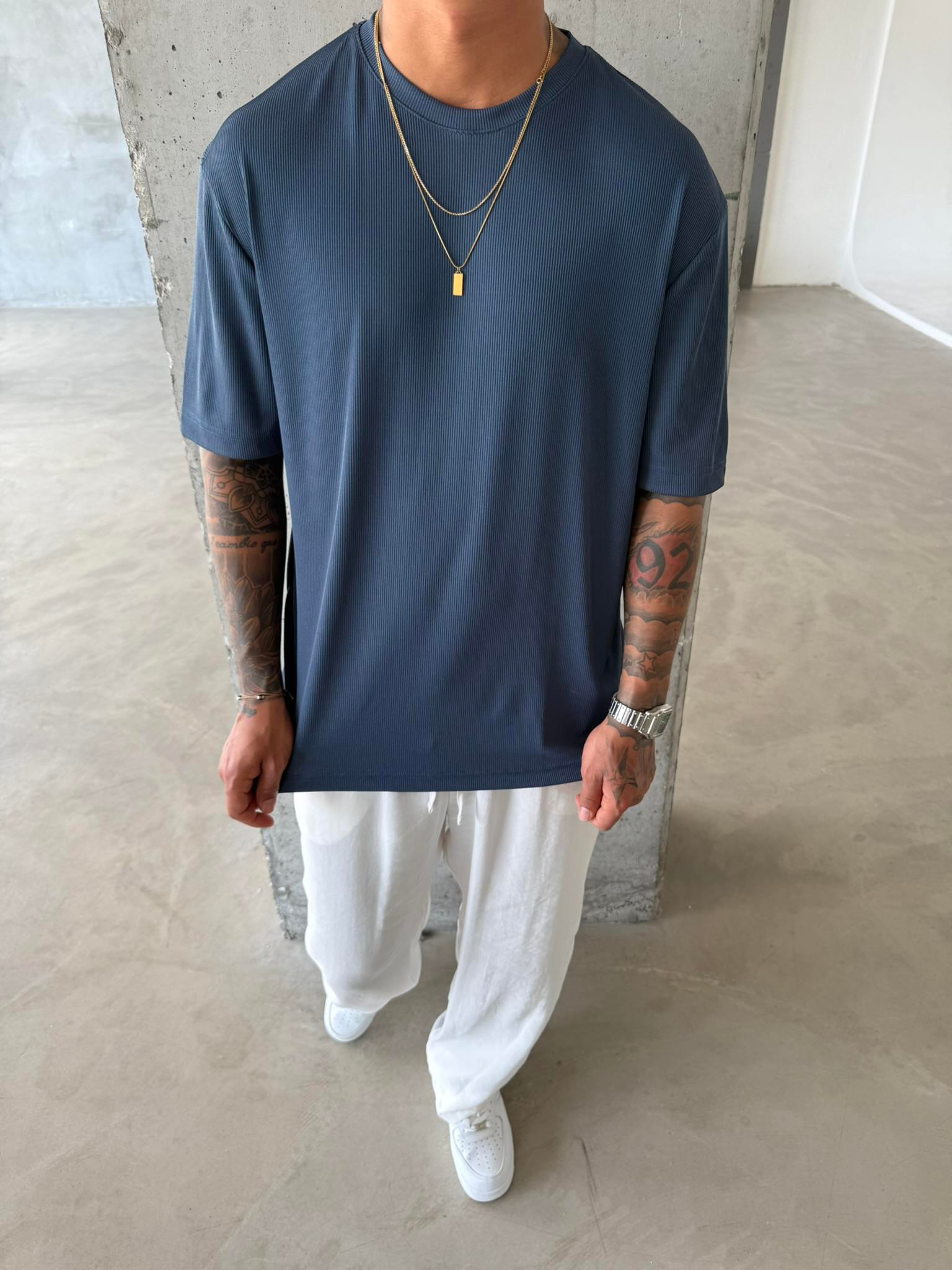 Old Money Ottoman Kumaş Basic T-Shirt - Mavi