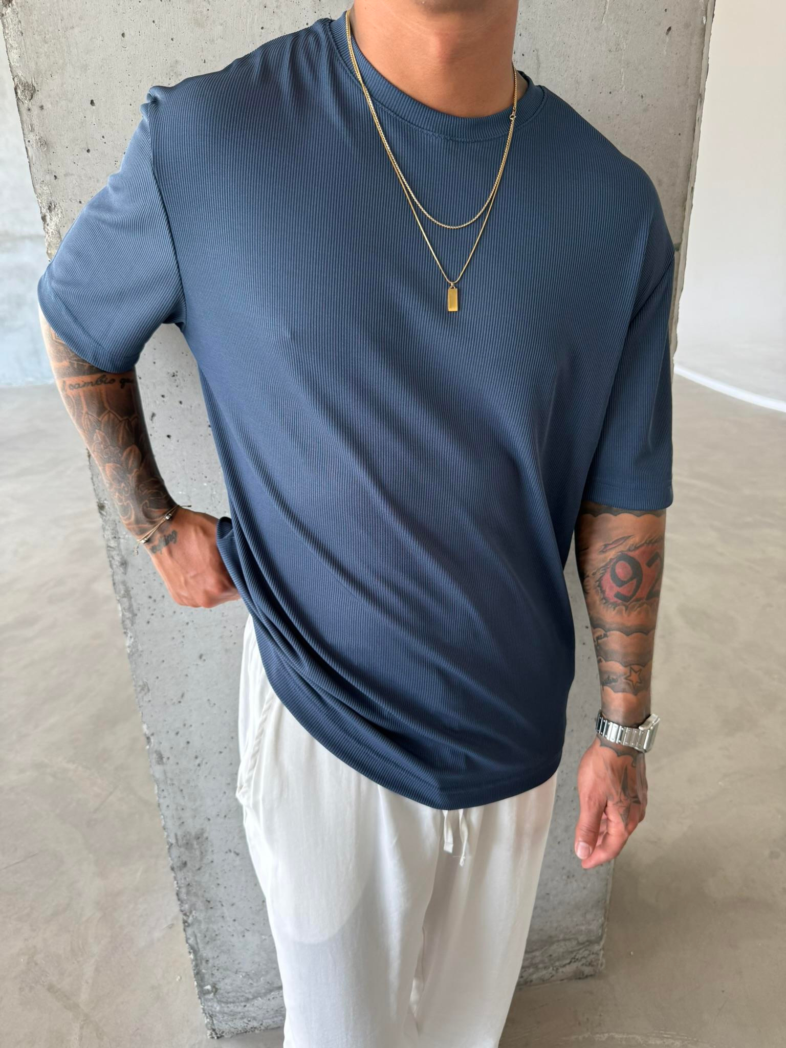 Old Money Ottoman Kumaş Basic T-Shirt - Mavi