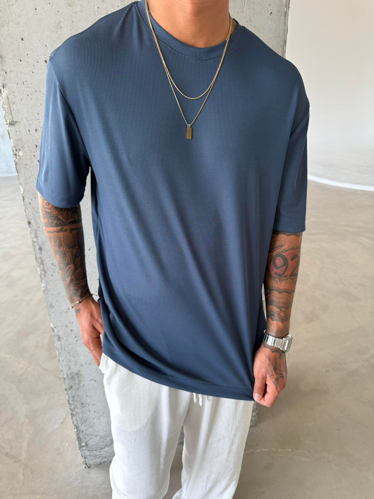 Old Money Ottoman Kumaş Basic T-Shirt - Mavi