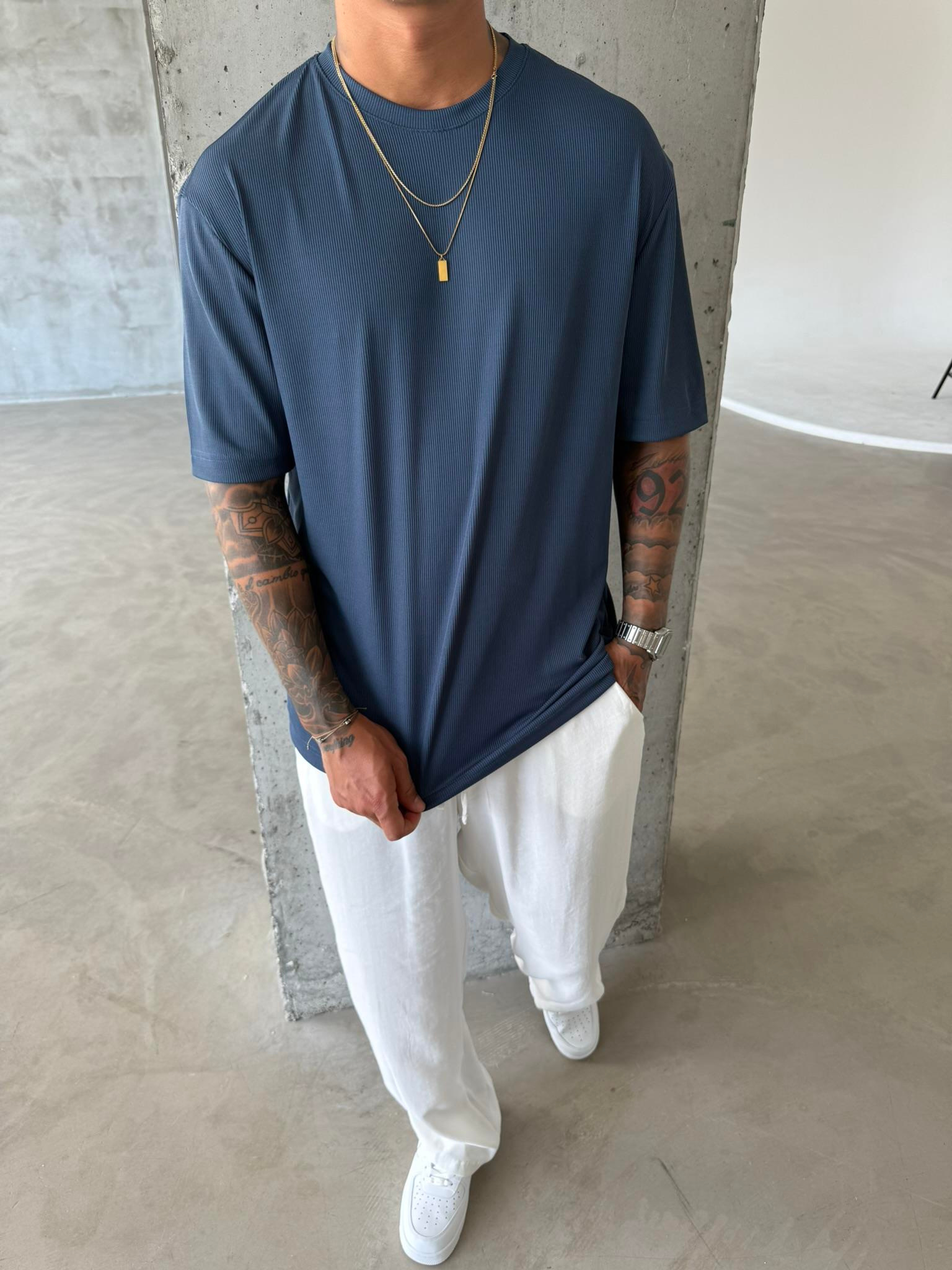 Old Money Ottoman Kumaş Basic T-Shirt - Mavi