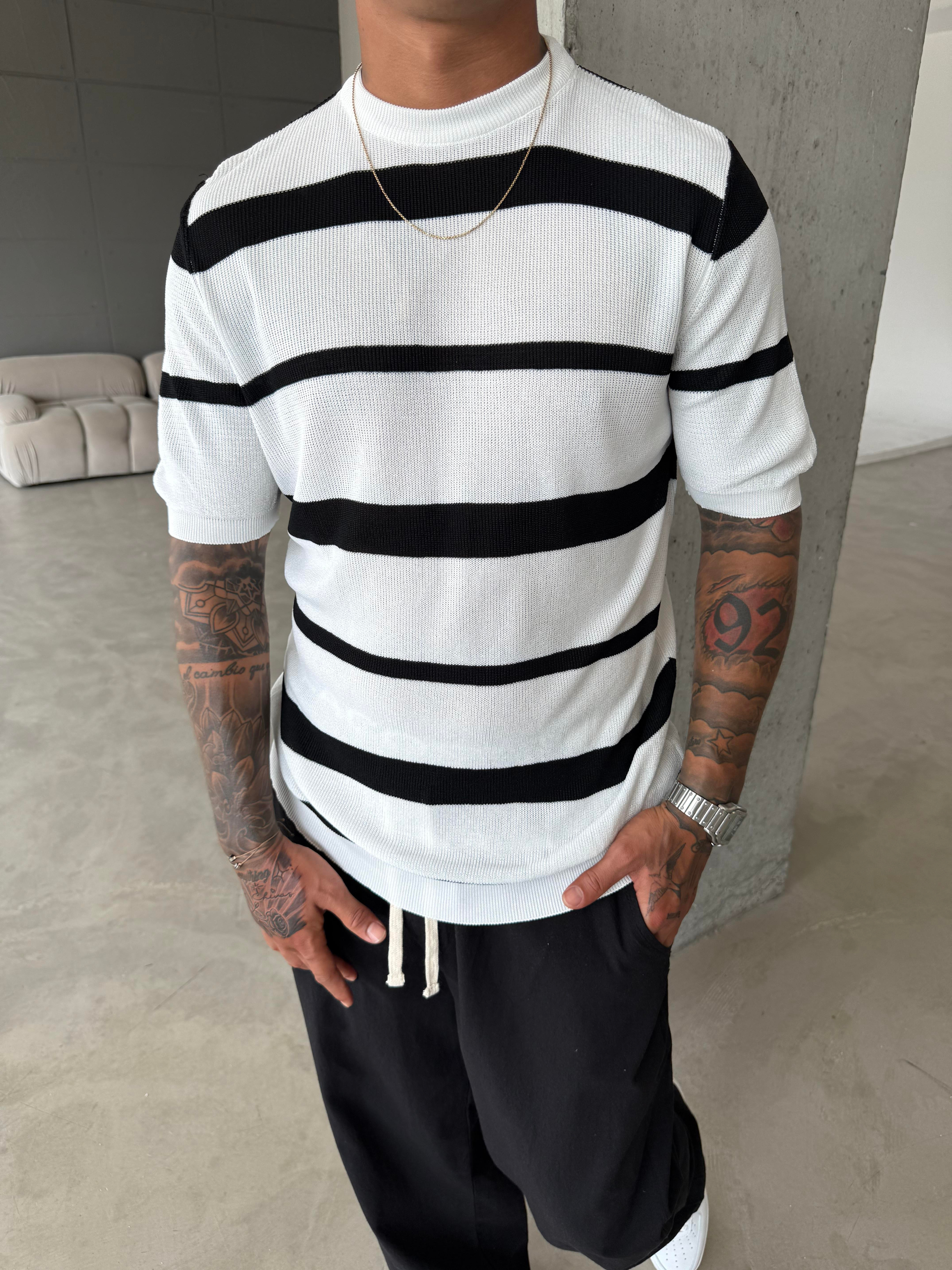 Old Money Regular Cizgili T-Shirt - Beyaz