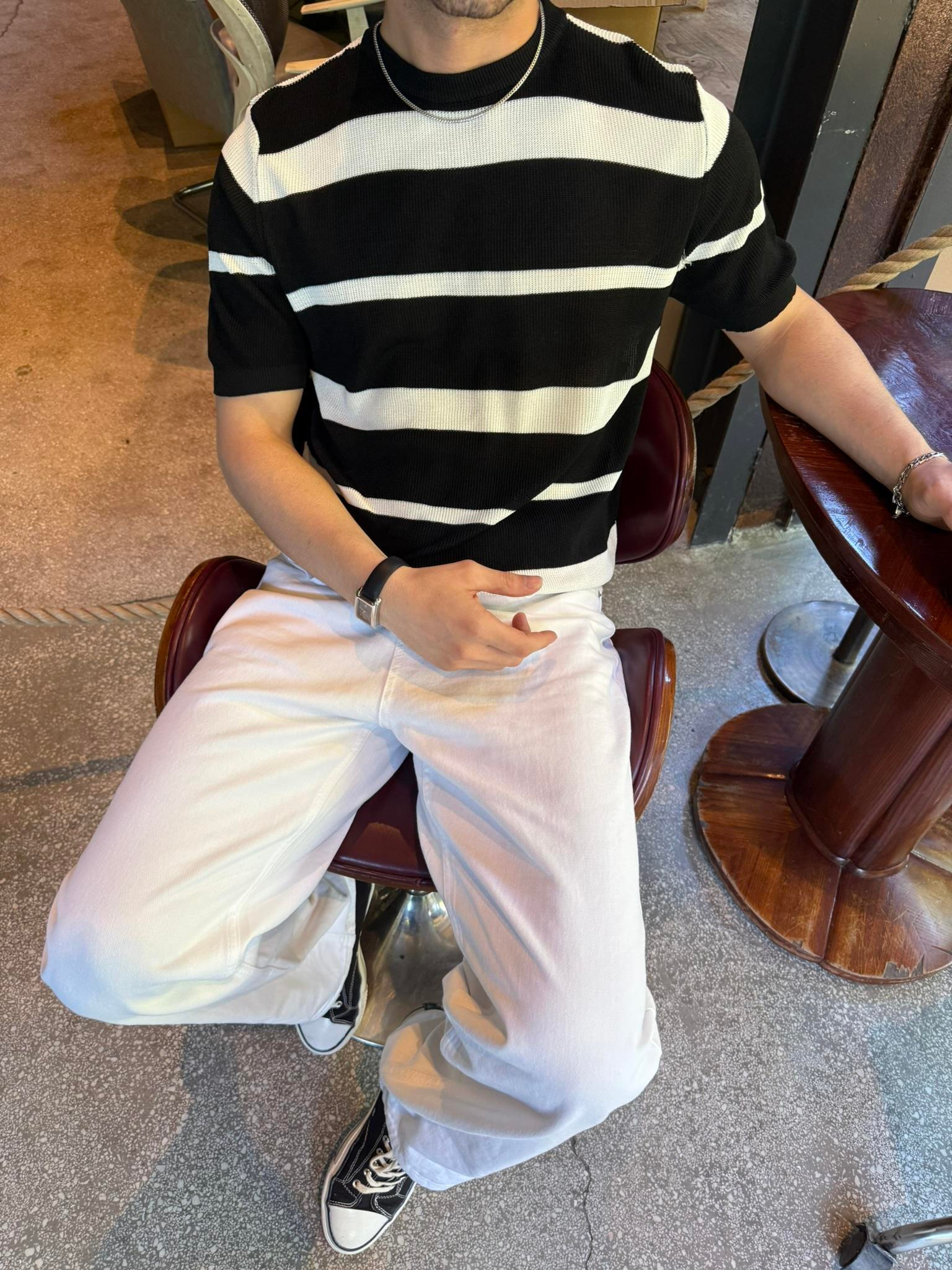 Old Money Regular Cizgili T-Shirt - Siyah