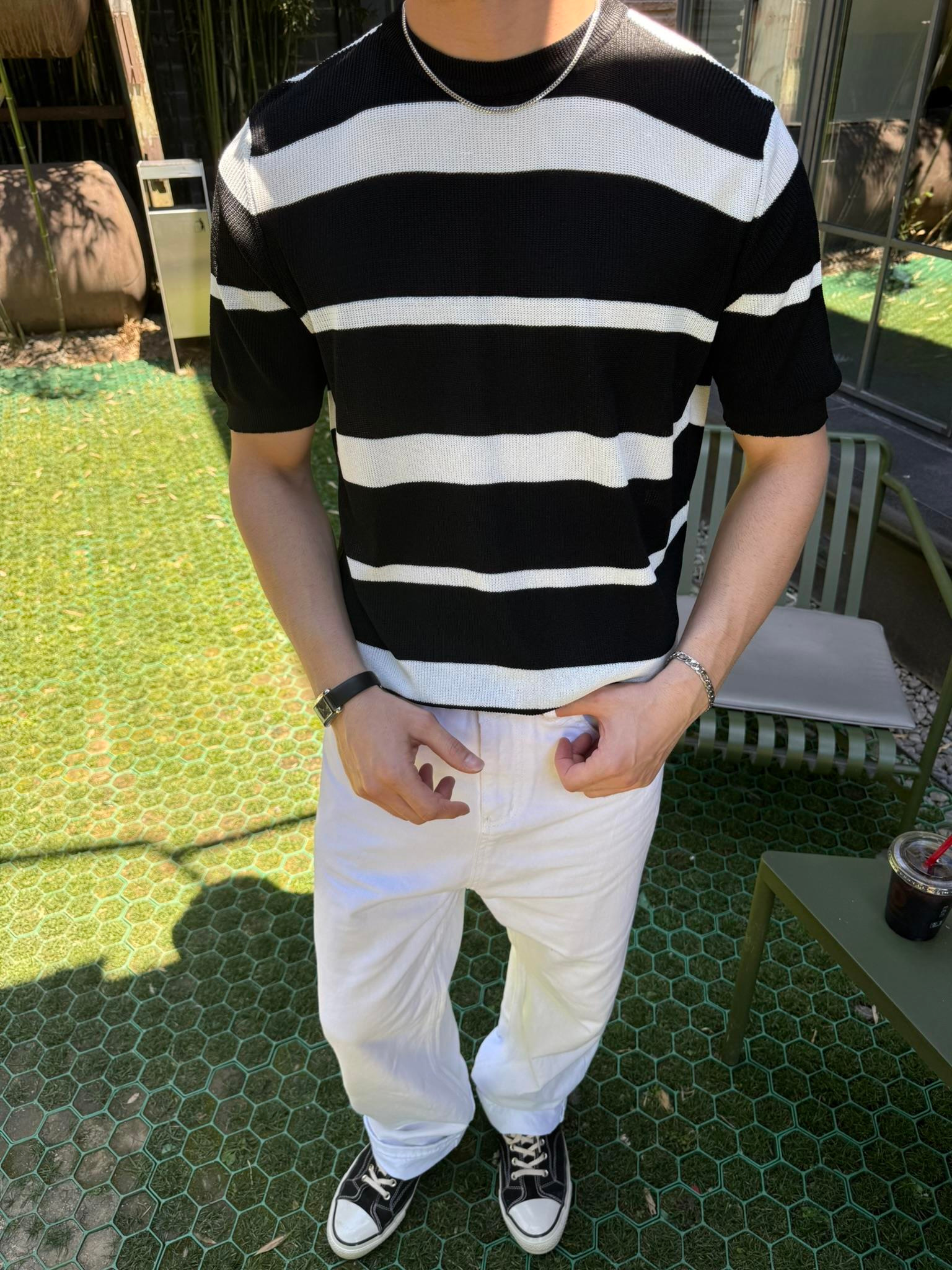 Old Money Regular Cizgili T-Shirt - Siyah