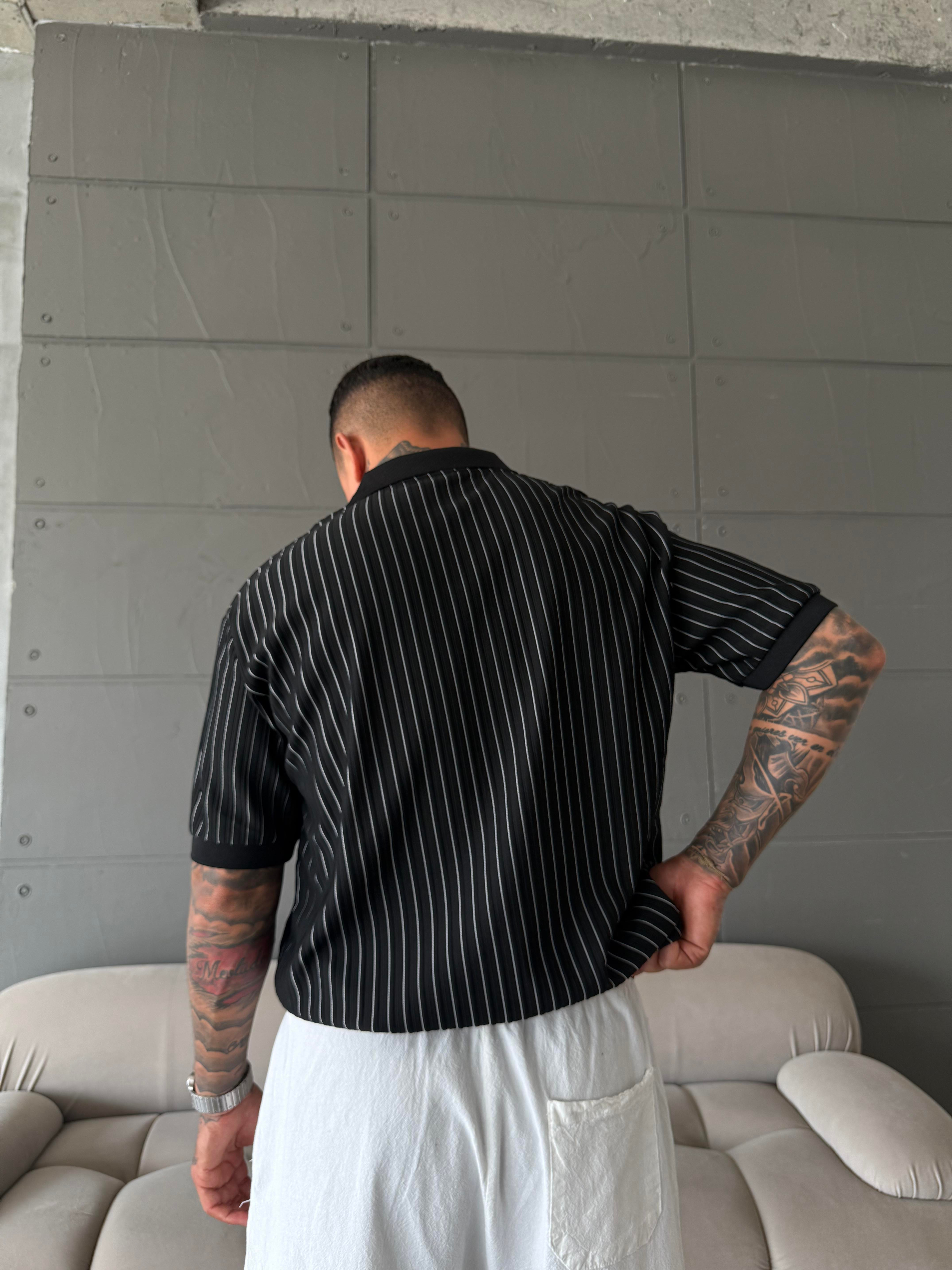 Old Money Yarım Pat Polo Yaka Cizgili - Siyah