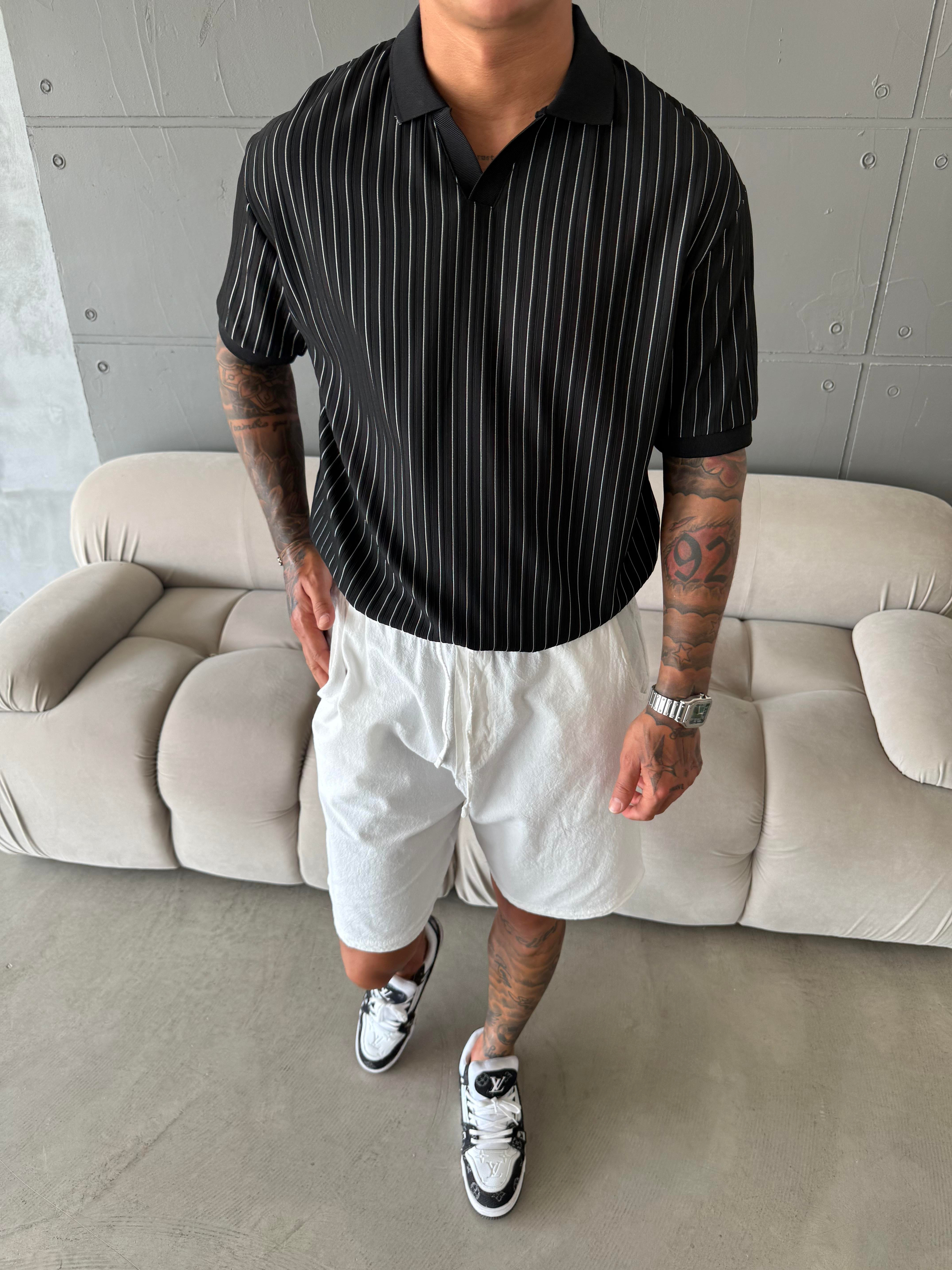 Old Money Yarım Pat Polo Yaka Cizgili - Siyah