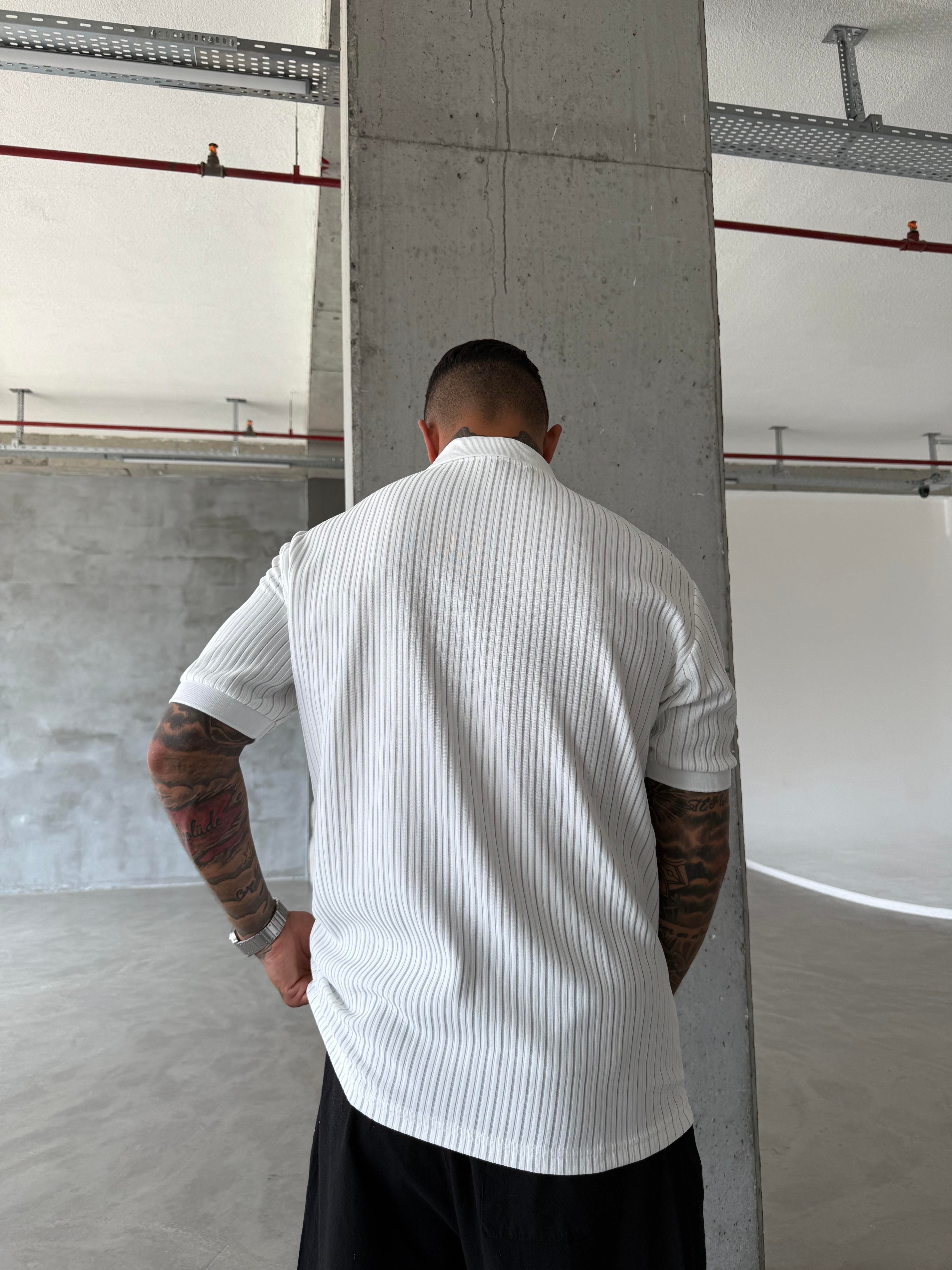 Old Money Yarım Pat Polo Yaka Cizgili - Beyaz