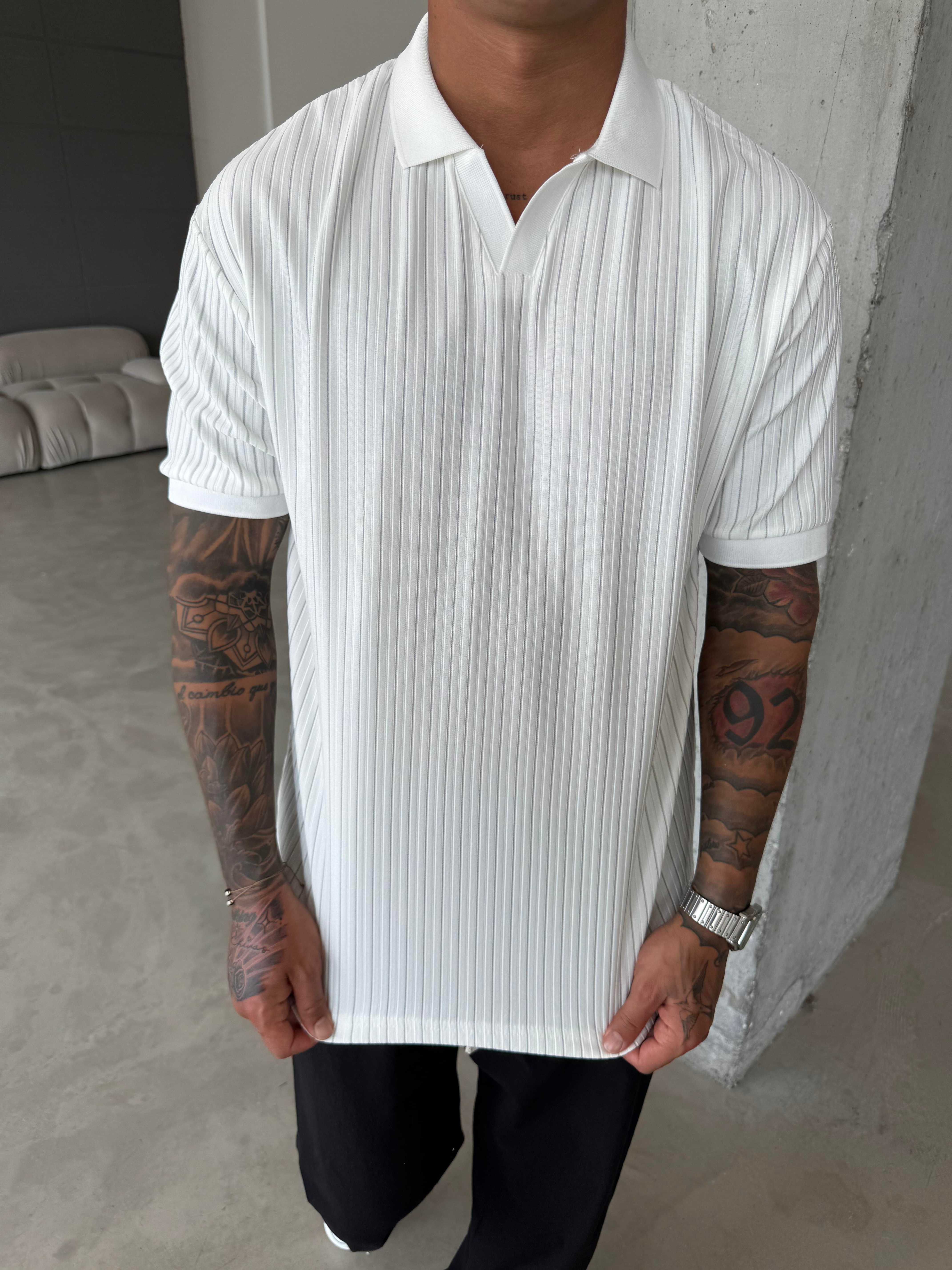 Old Money Yarım Pat Polo Yaka Cizgili - Beyaz