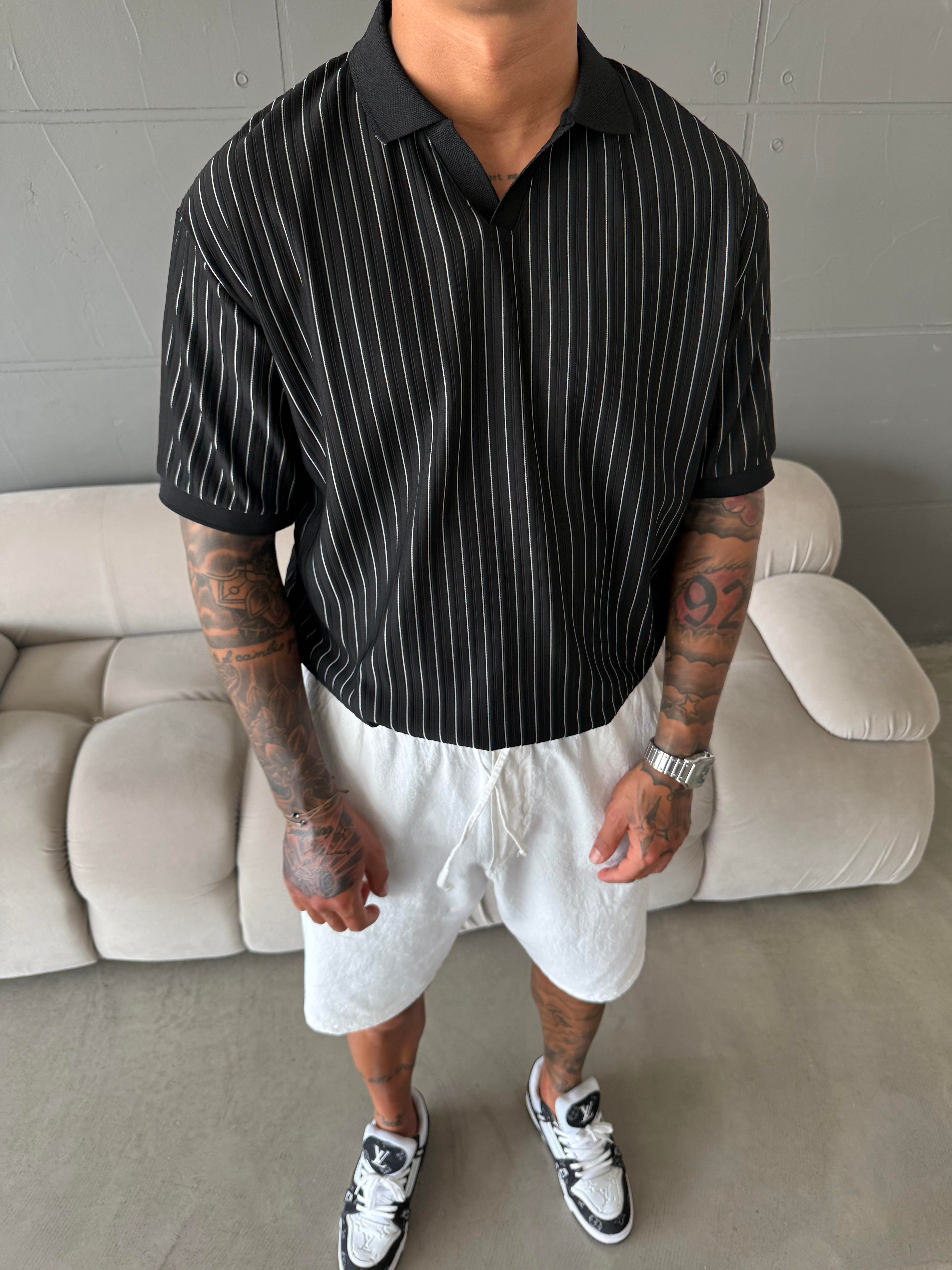 Old Money Yarım Pat Polo Yaka Cizgili - Siyah