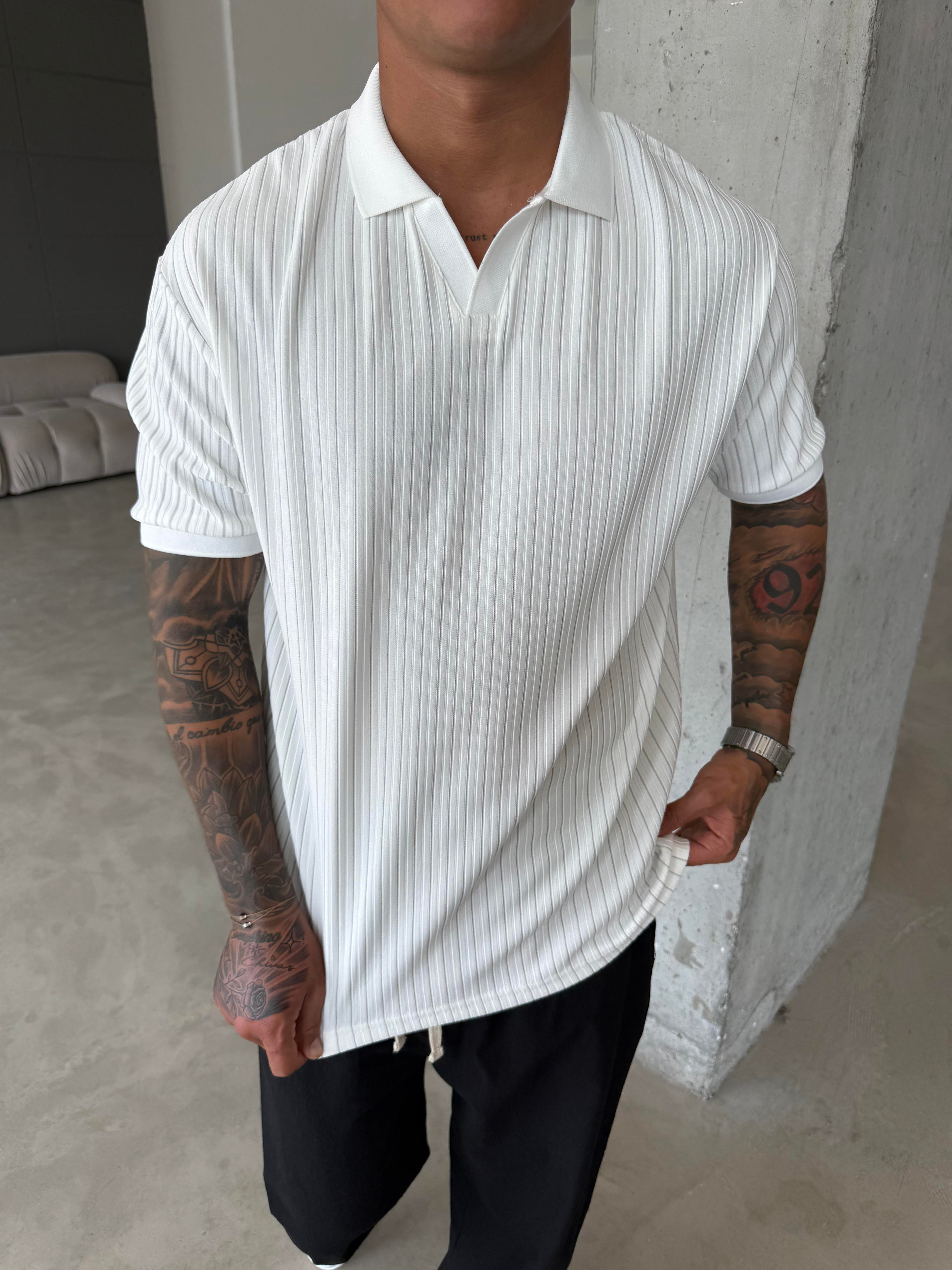 Old Money Yarım Pat Polo Yaka Cizgili - Beyaz