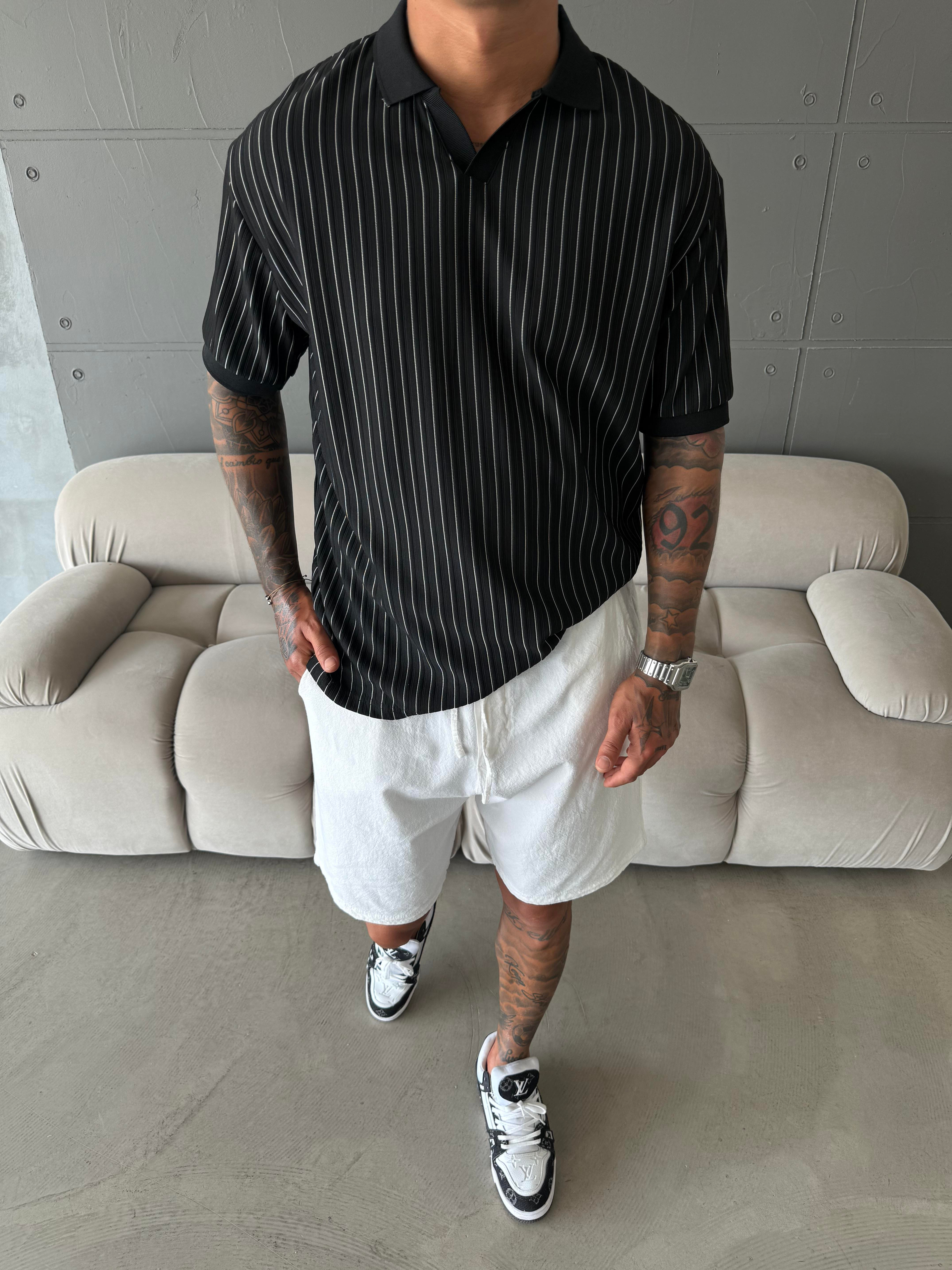 Old Money Yarım Pat Polo Yaka Cizgili - Siyah