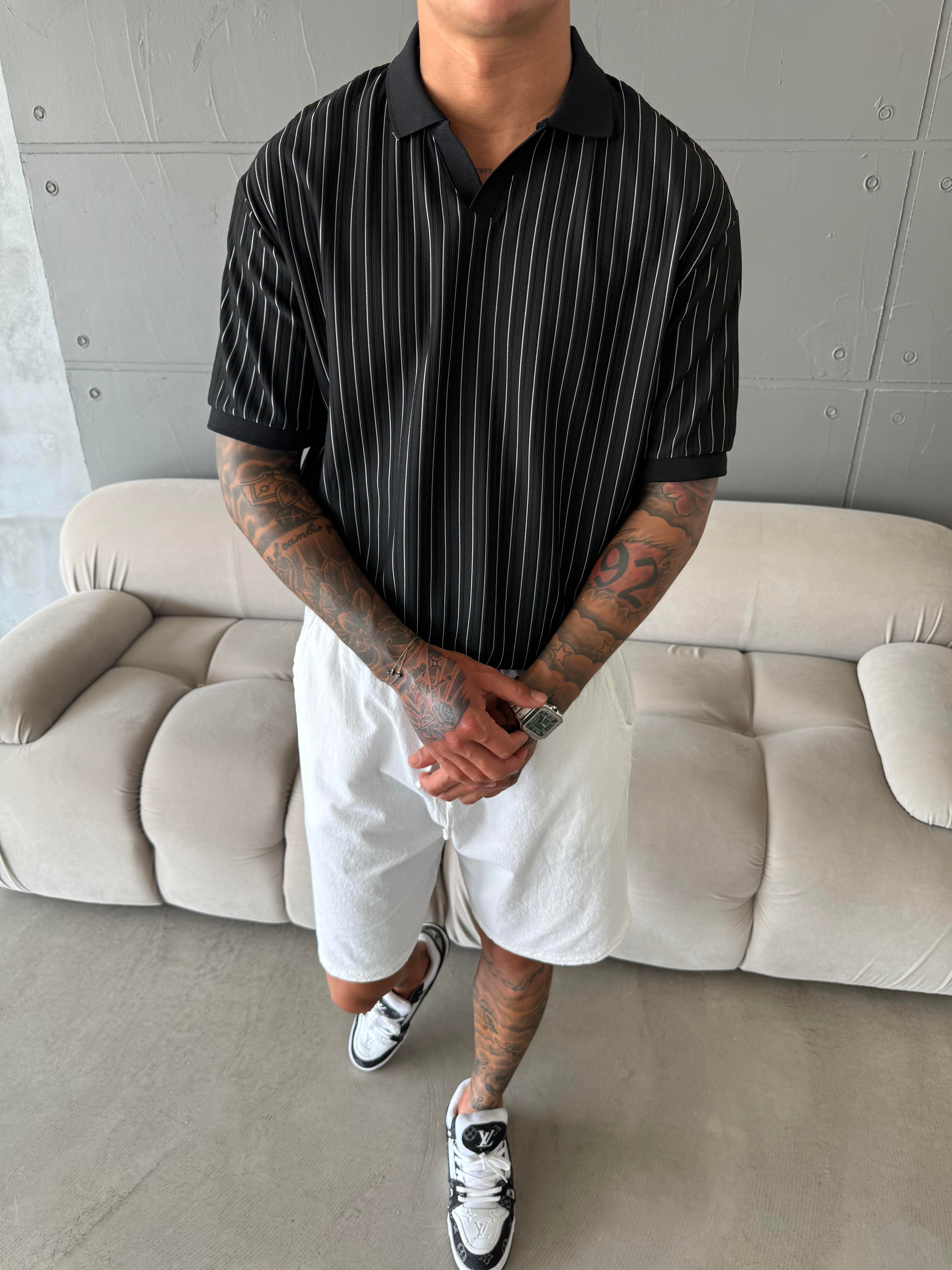 Old Money Yarım Pat Polo Yaka Cizgili - Siyah