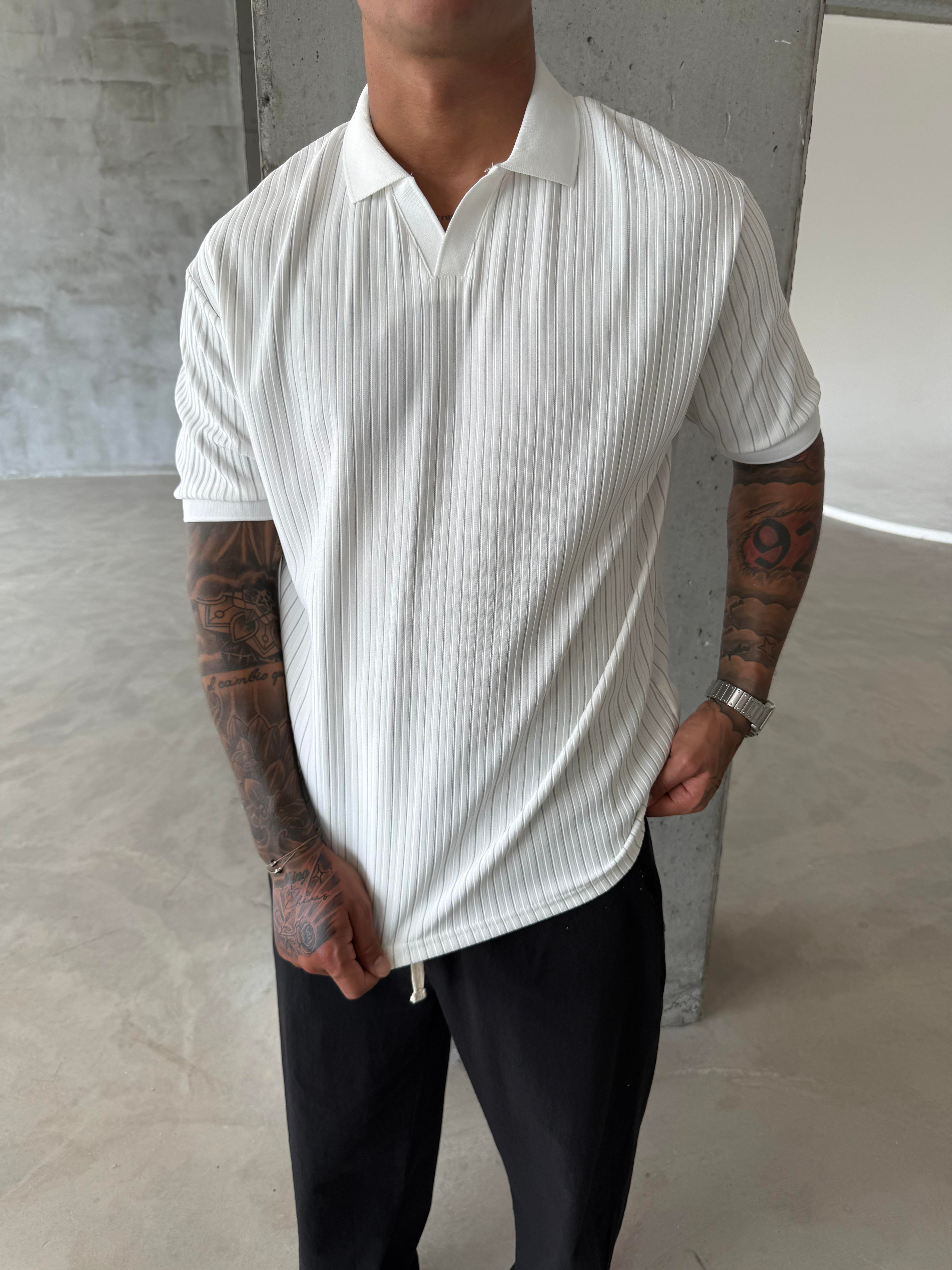 Old Money Yarım Pat Polo Yaka Cizgili - Beyaz