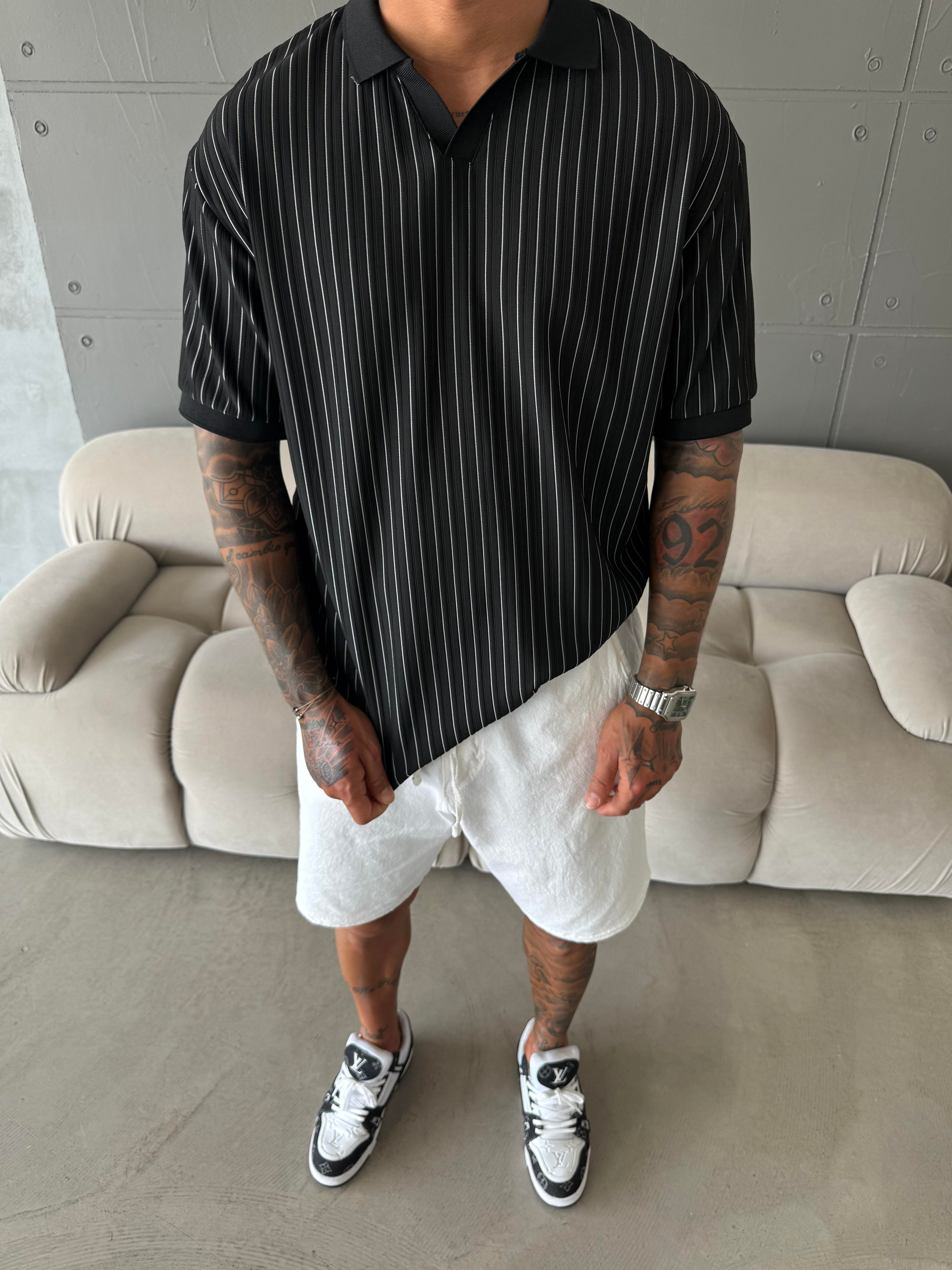 Old Money Yarım Pat Polo Yaka Cizgili - Siyah