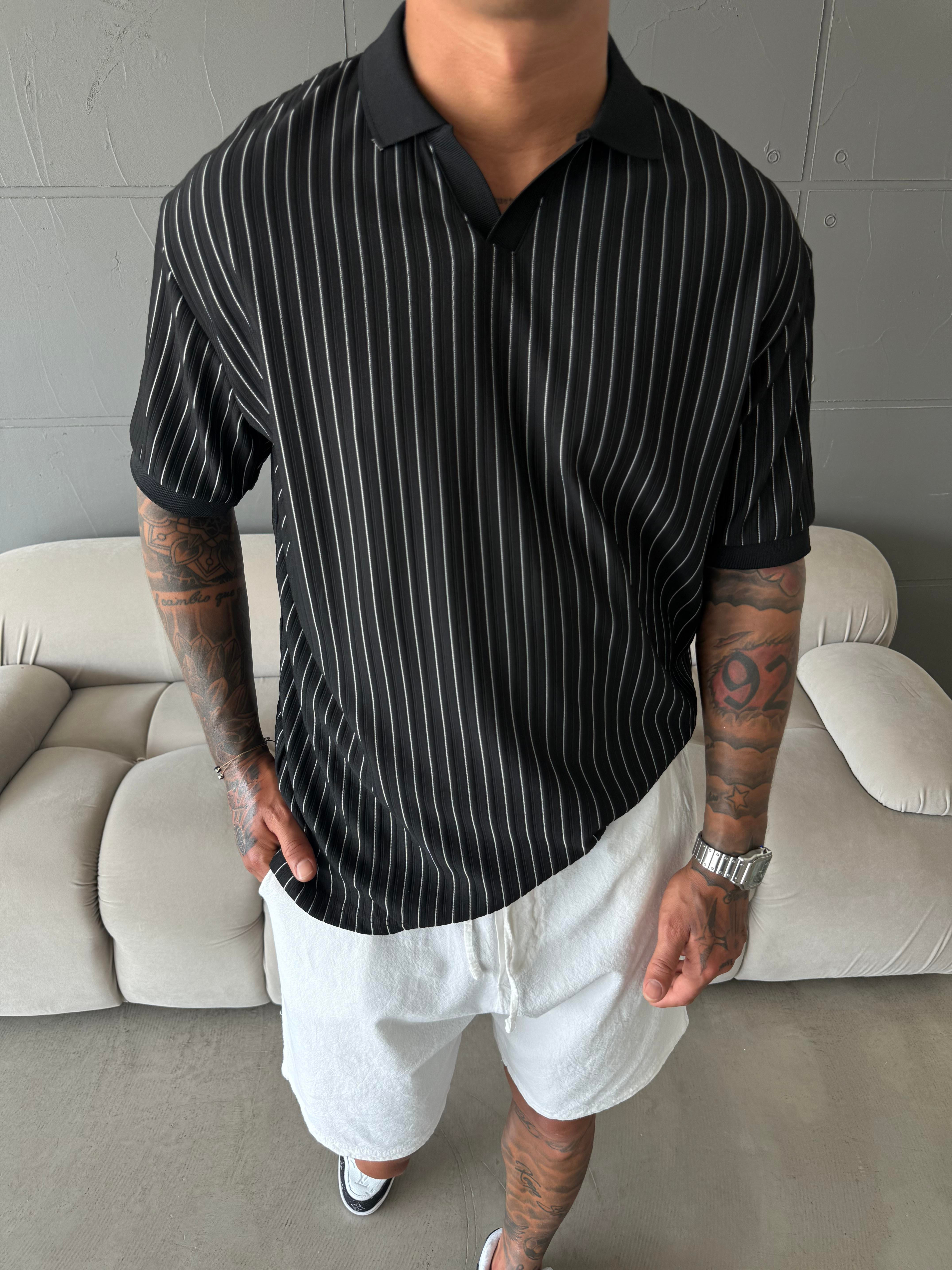 Old Money Yarım Pat Polo Yaka Cizgili - Siyah