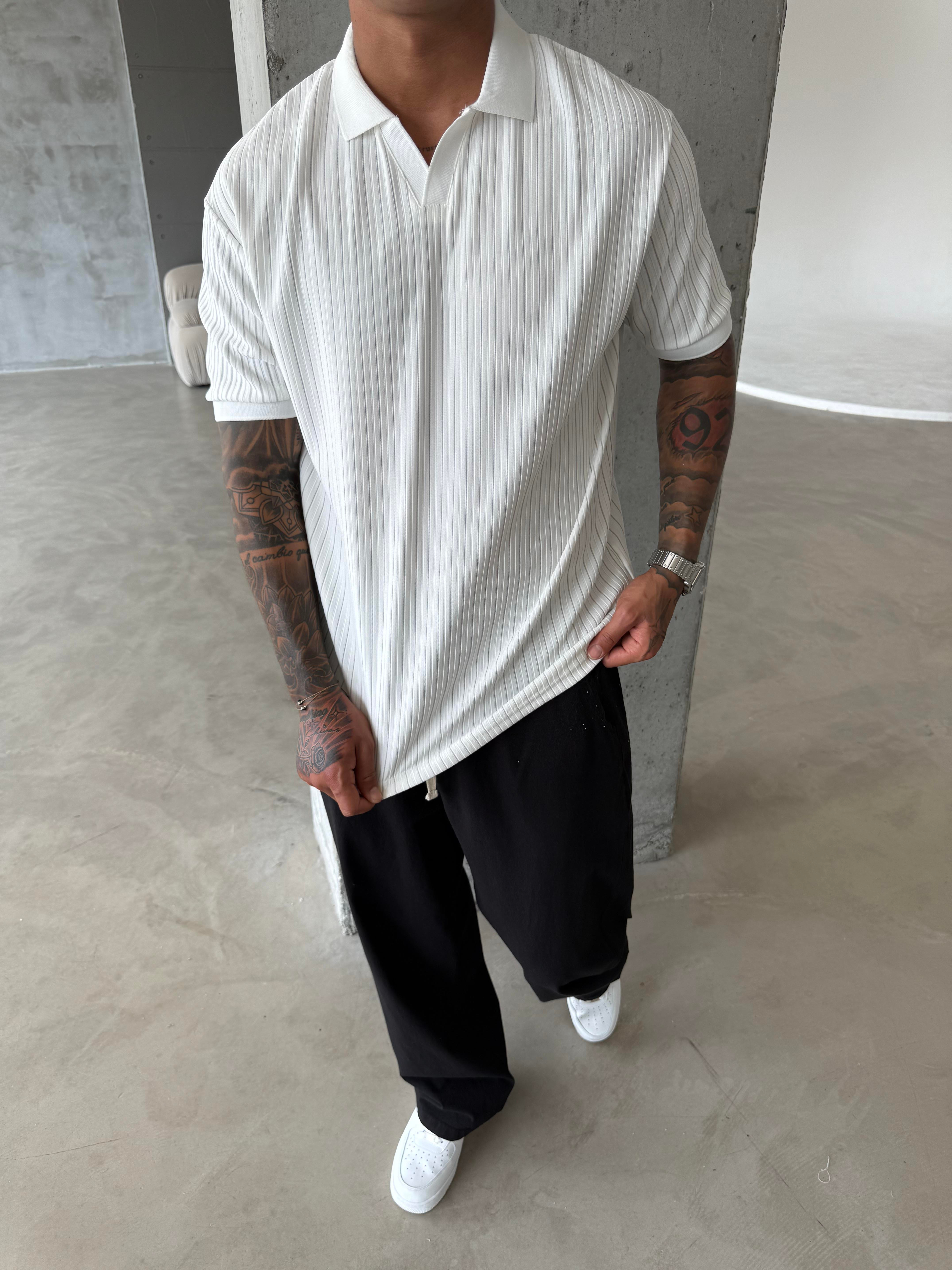 Old Money Yarım Pat Polo Yaka Cizgili - Beyaz