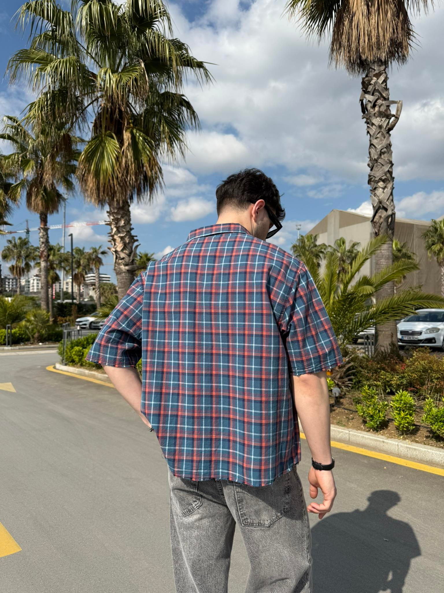 Ön Cep Detay Kısa Kollu Ekose Oversize Gömlek - Yeşil