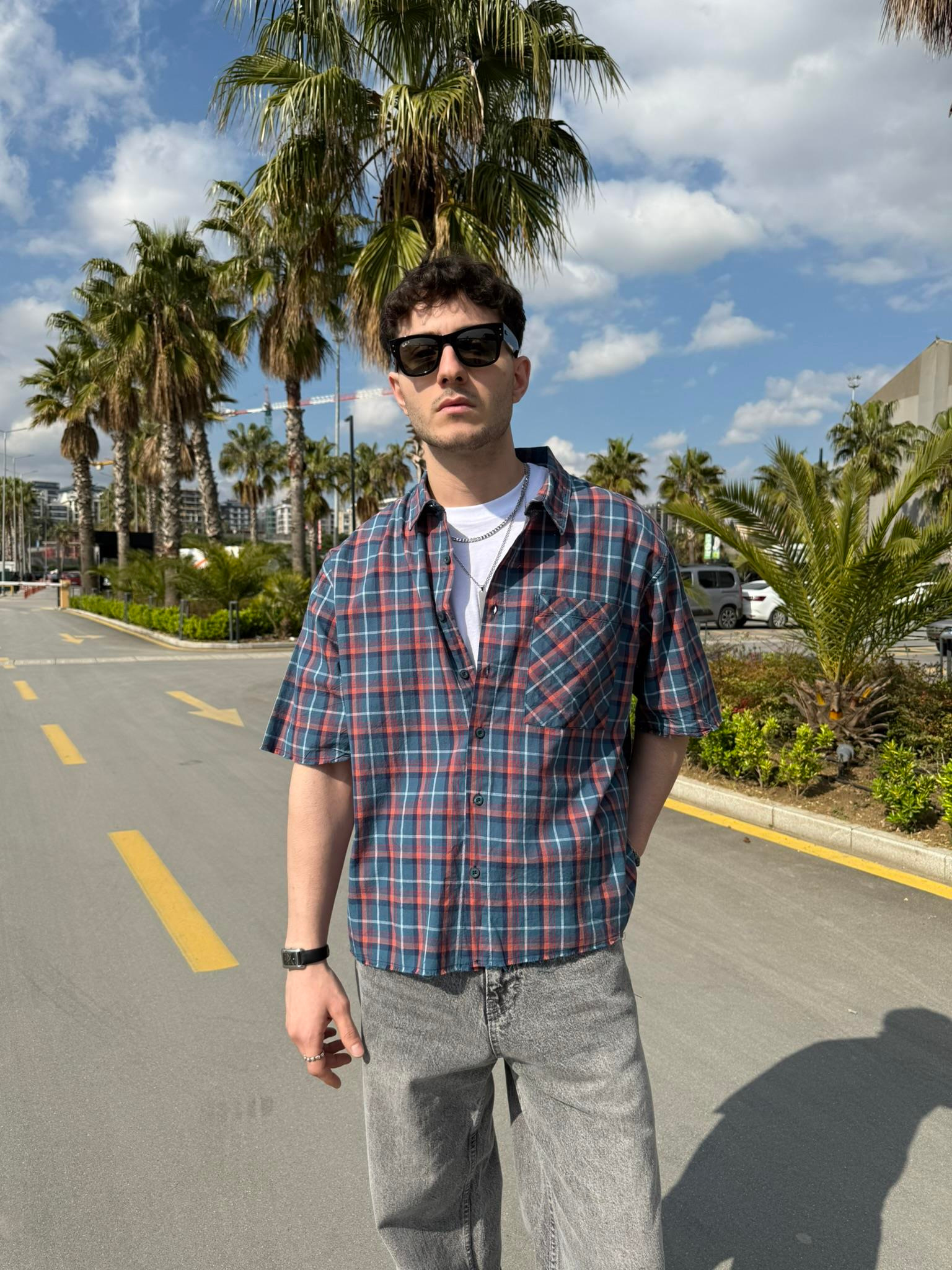 Ön Cep Detay Kısa Kollu Ekose Oversize Gömlek - Yeşil