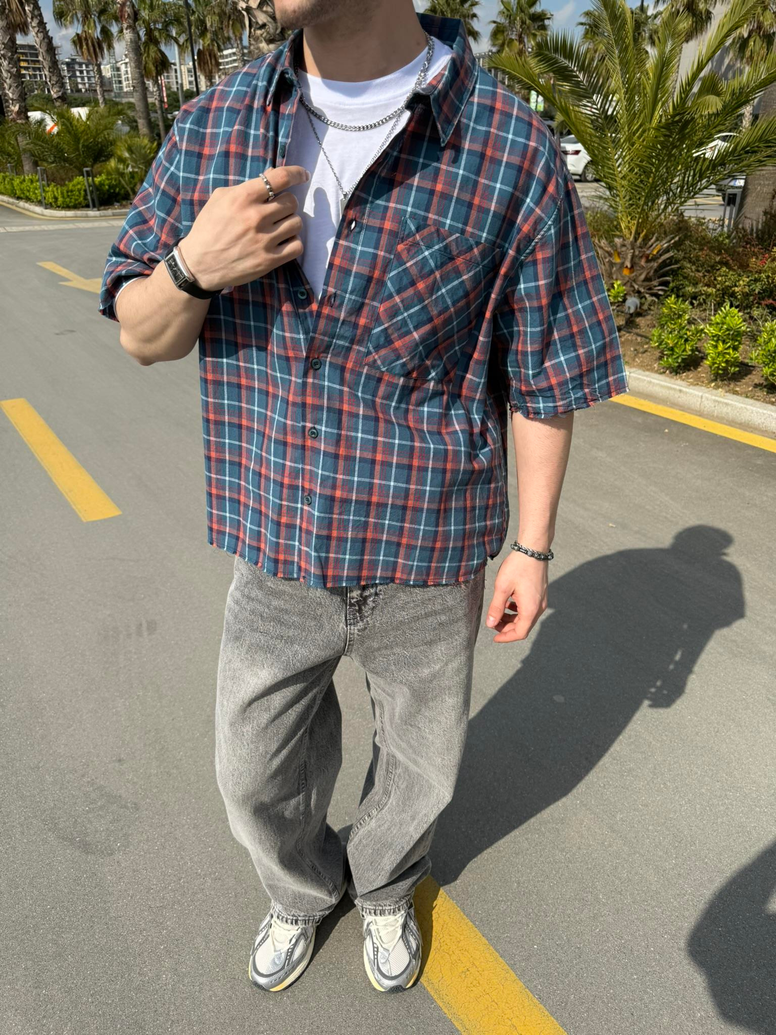 Ön Cep Detay Kısa Kollu Ekose Oversize Gömlek - Yeşil