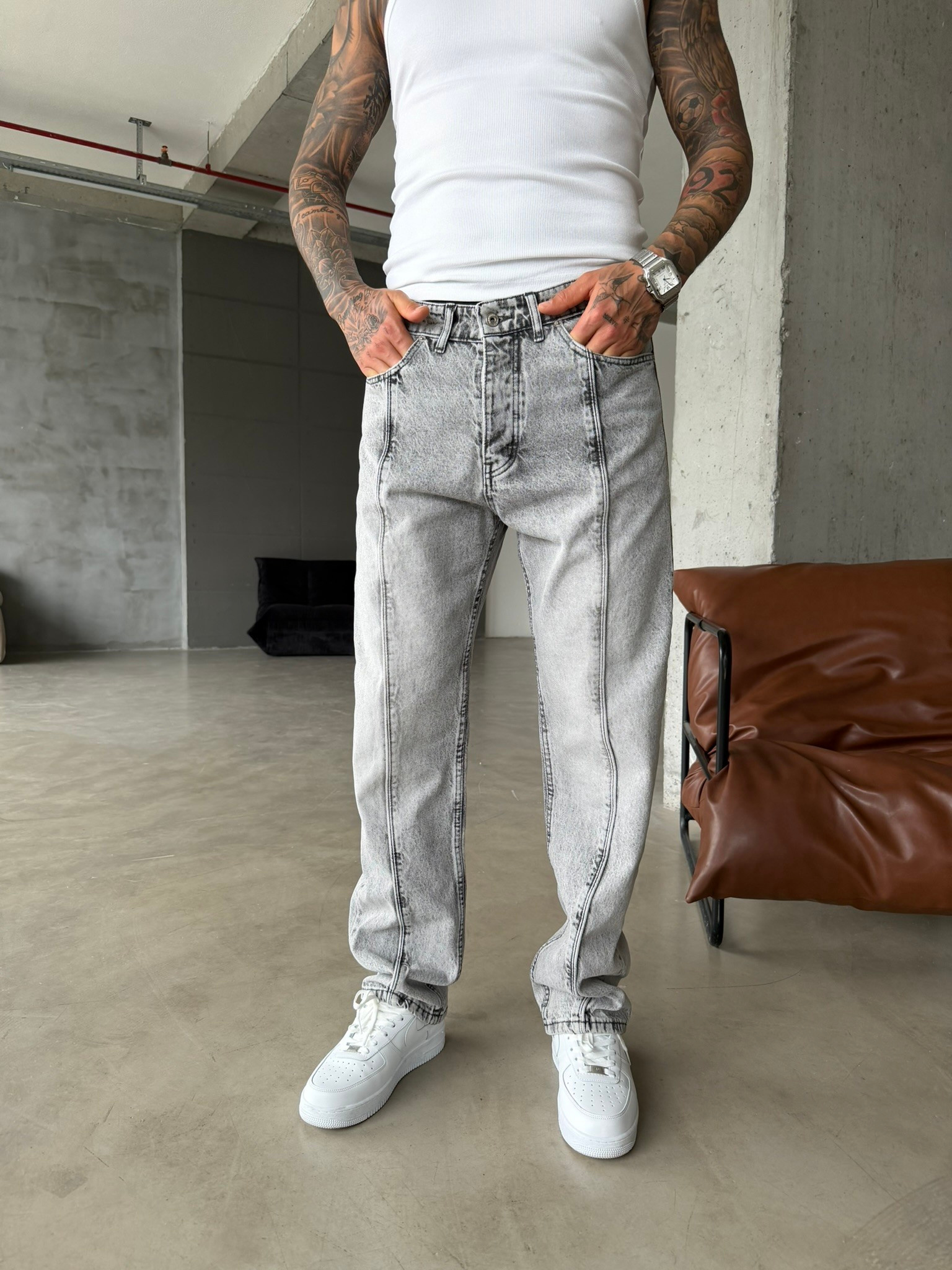 Ön Şerit Detaylı Baggy Pantolon - Gri