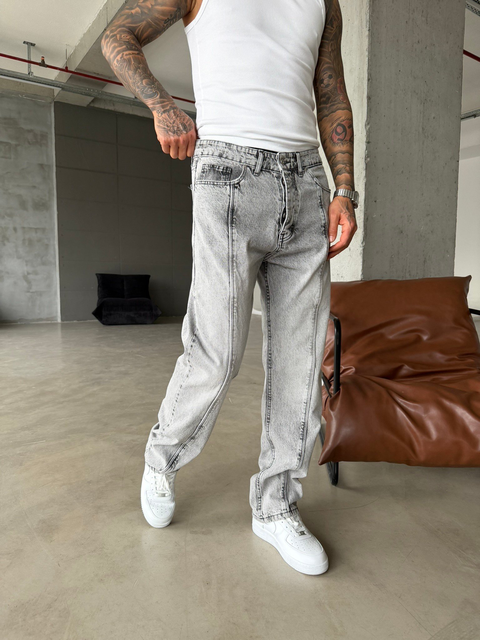 Ön Şerit Detaylı Baggy Pantolon - Gri