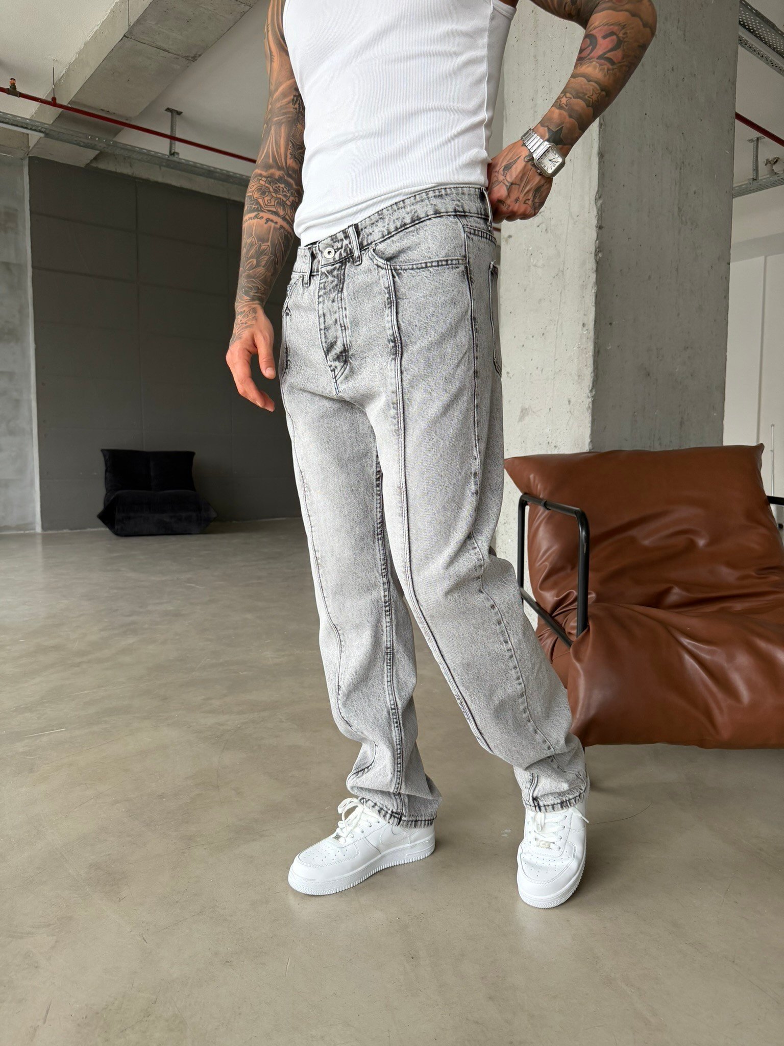 Ön Şerit Detaylı Baggy Pantolon - Gri