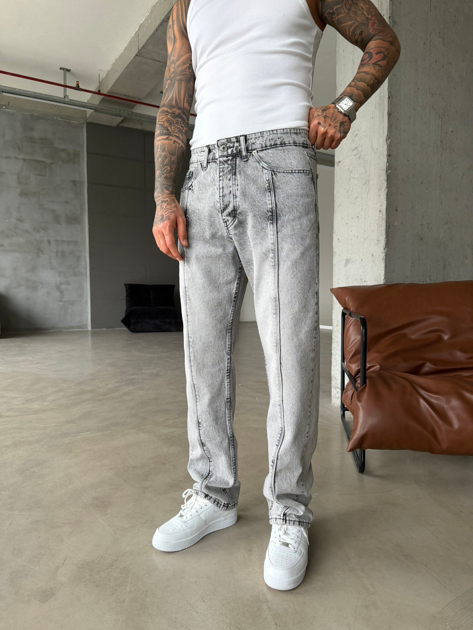 Ön Şerit Detaylı Baggy Pantolon - Gri