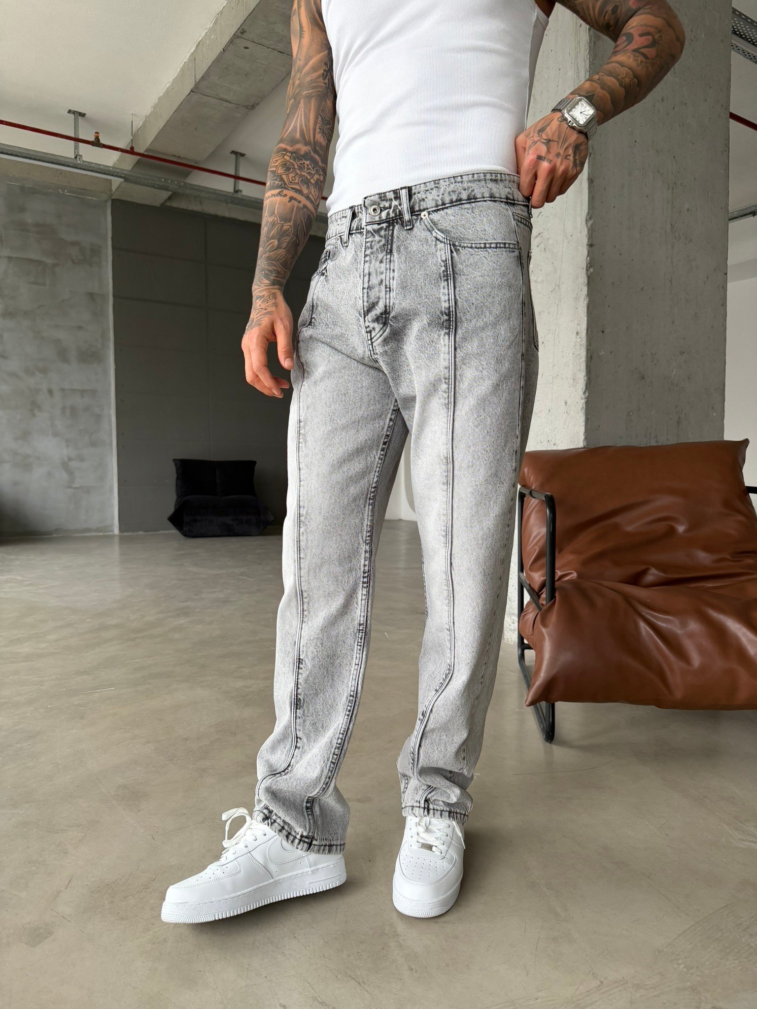 Ön Şerit Detaylı Baggy Pantolon - Gri