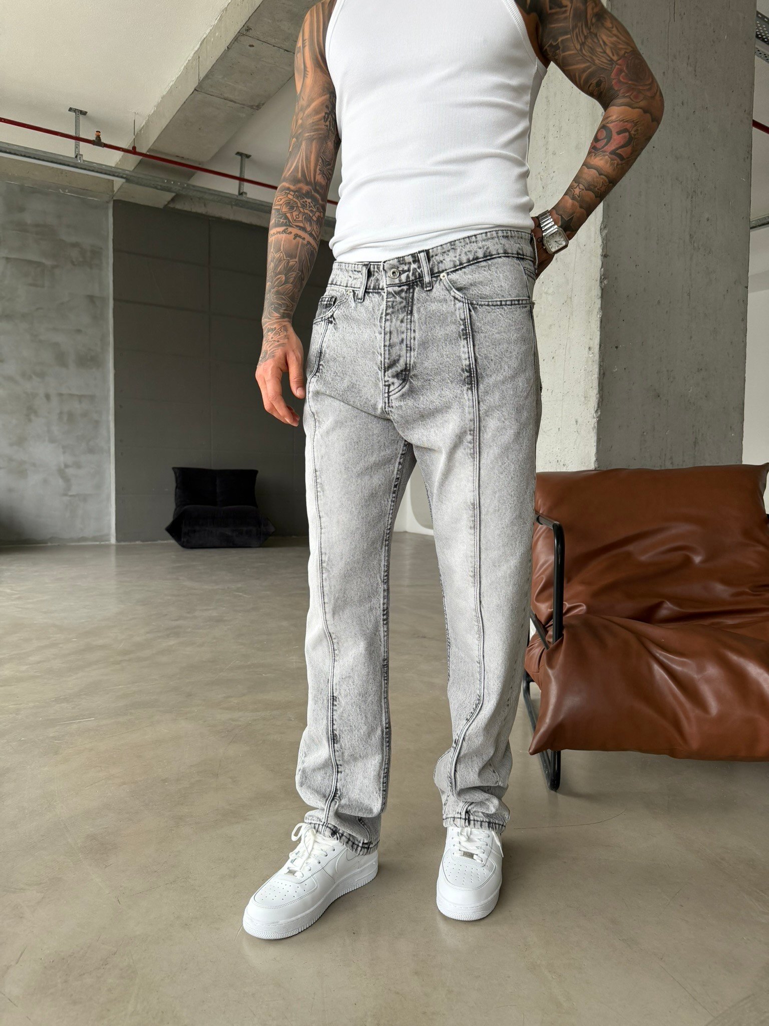 Ön Şerit Detaylı Baggy Pantolon - Gri