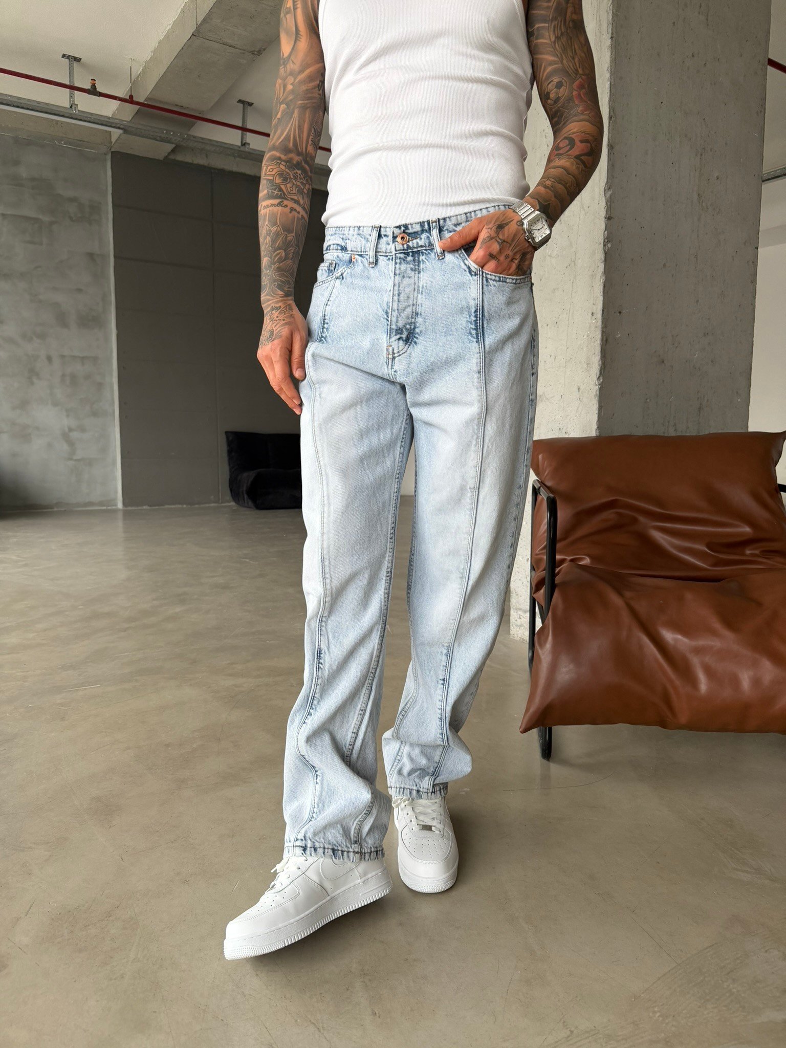 Ön Şerit Detaylı Baggy Pantolon - Mavi