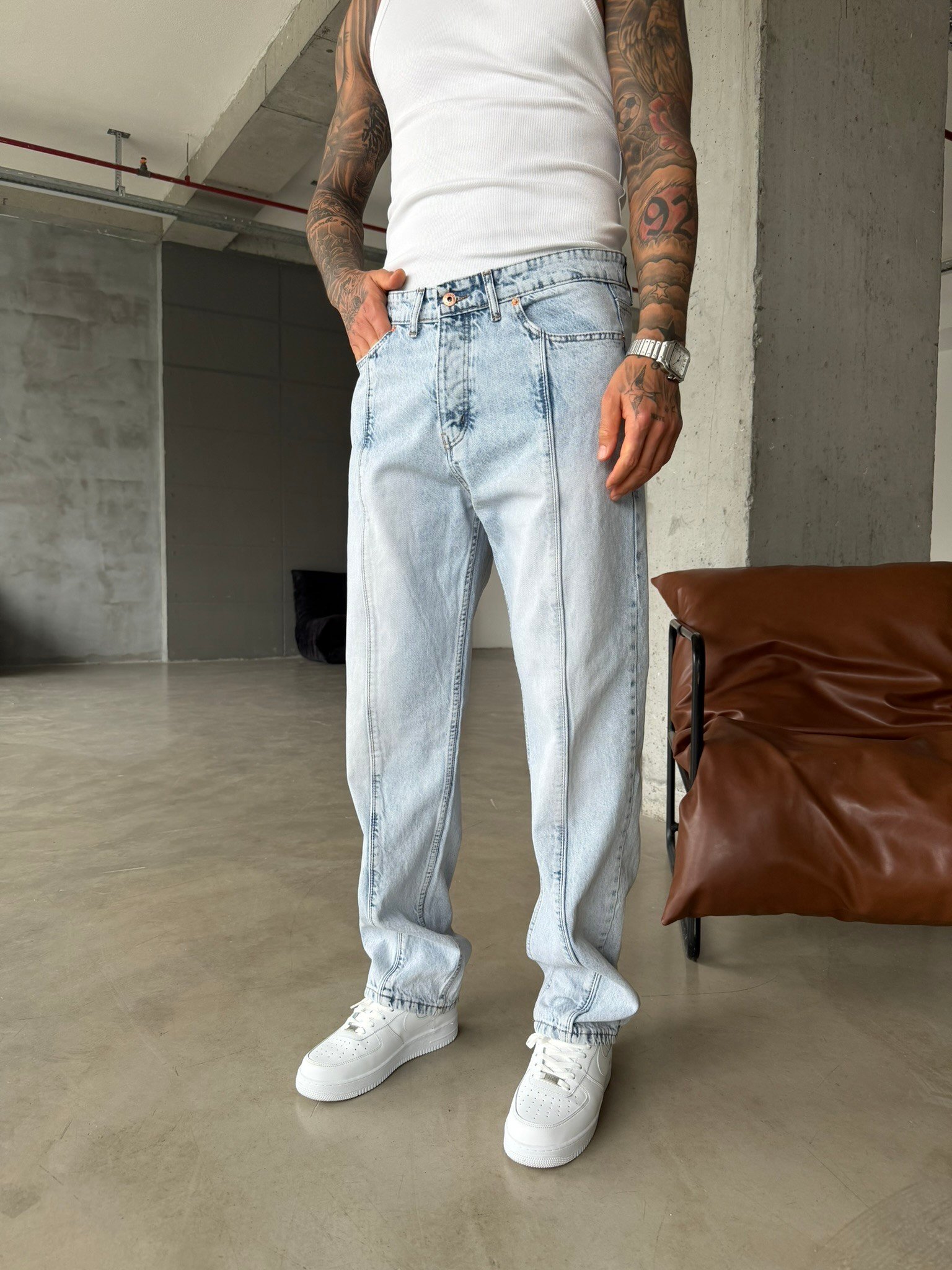 Ön Şerit Detaylı Baggy Pantolon - Mavi