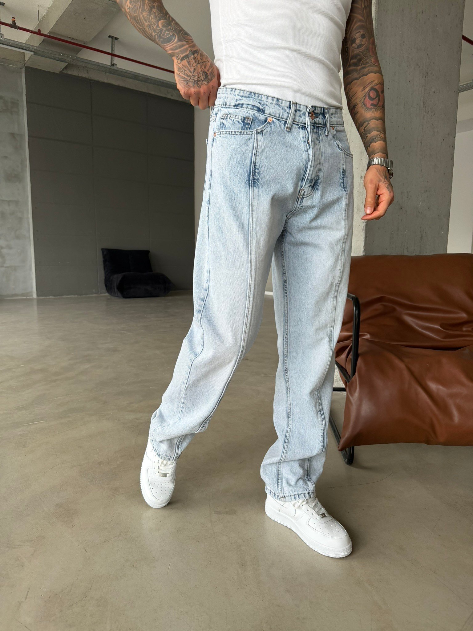 Ön Şerit Detaylı Baggy Pantolon - Mavi