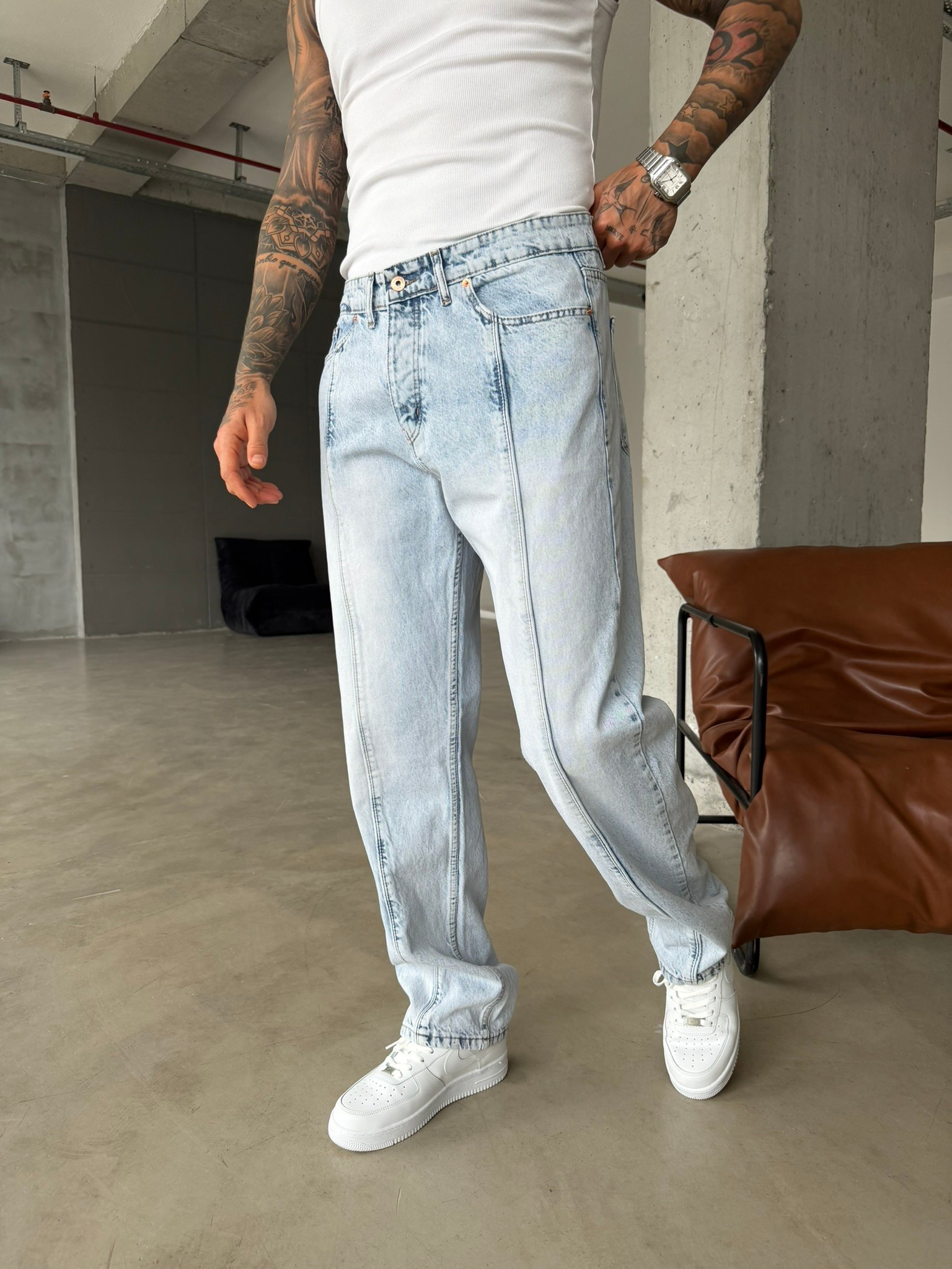 Ön Şerit Detaylı Baggy Pantolon - Mavi