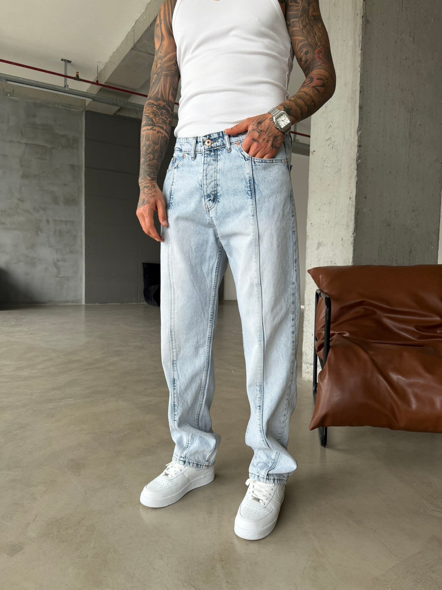 Ön Şerit Detaylı Baggy Pantolon - Mavi