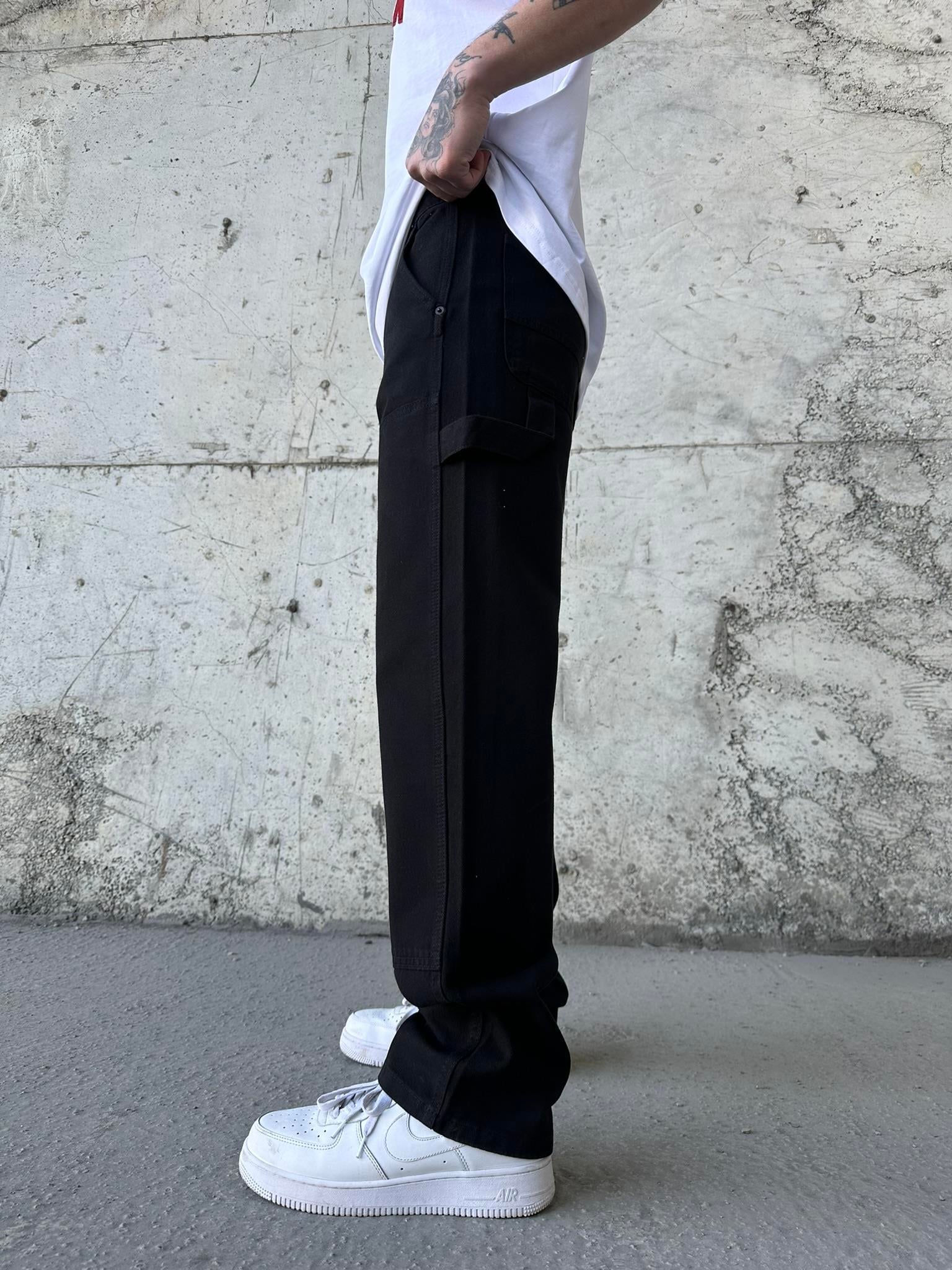 Önü Tasarım Kemerli Baggy Pantolon Siyah