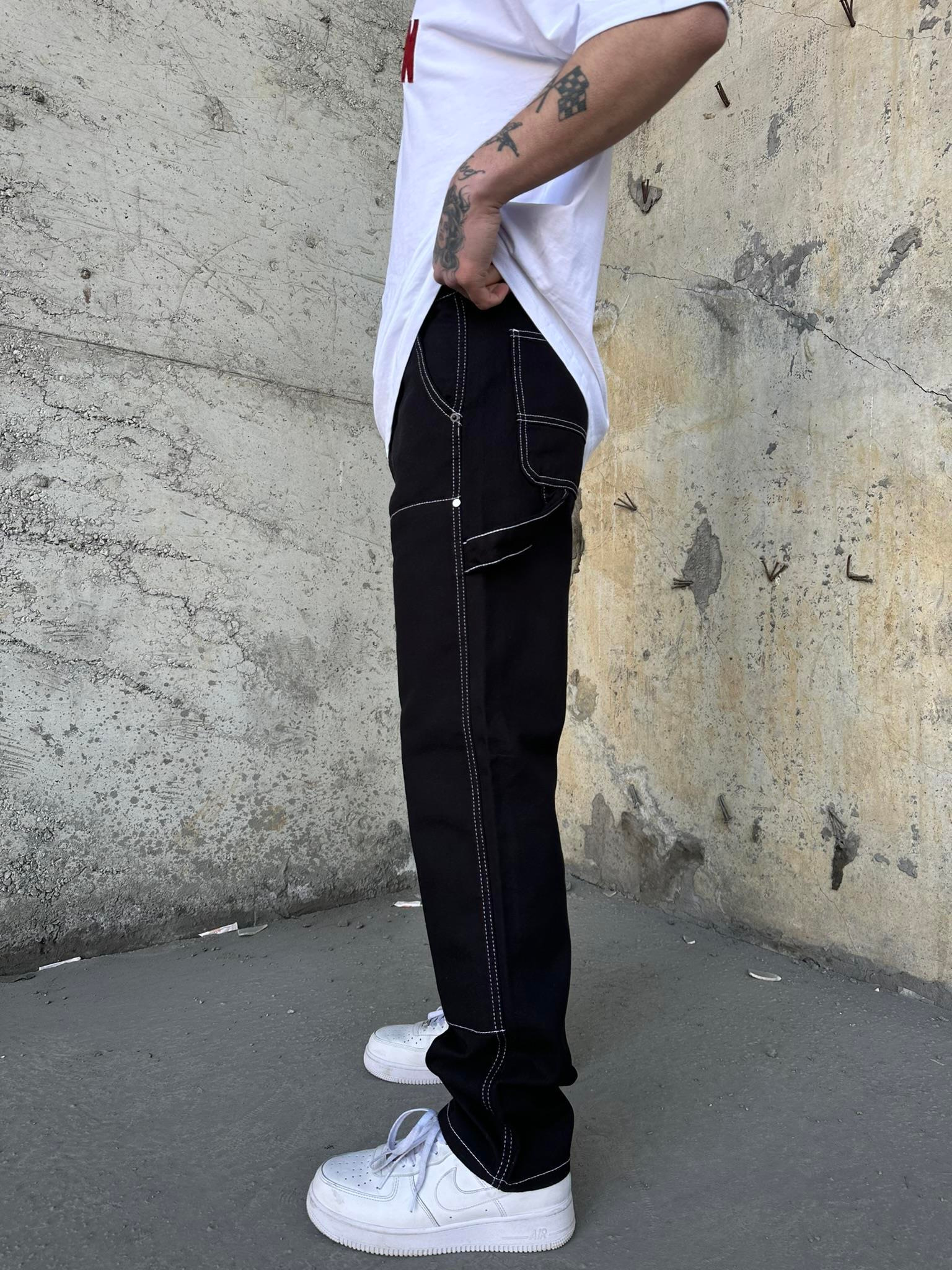 Önü Tasarım Kemerli Baggy Pantolon Siyah-Beyaz