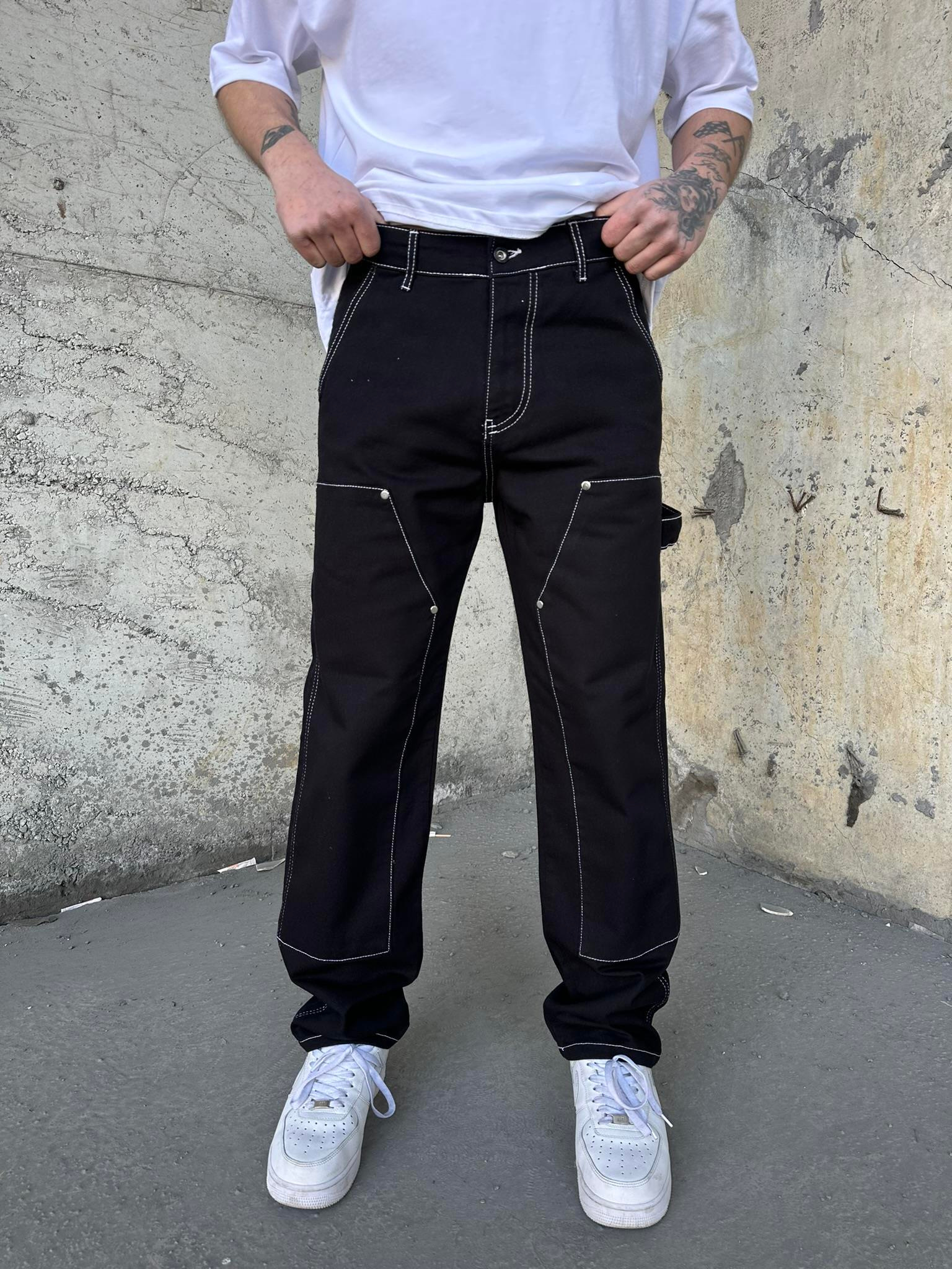 Önü Tasarım Kemerli Baggy Pantolon Siyah-Beyaz