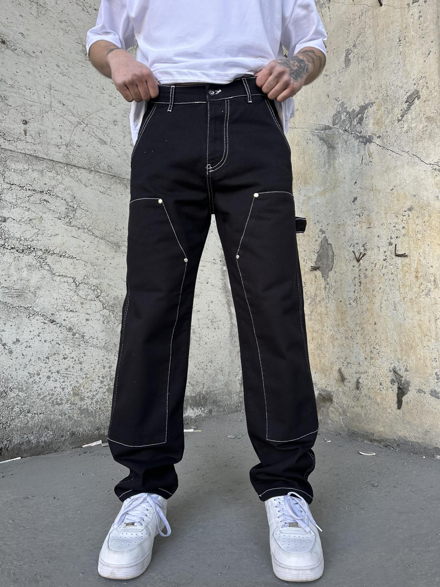 Önü Tasarım Kemerli Baggy Pantolon Siyah-Beyaz